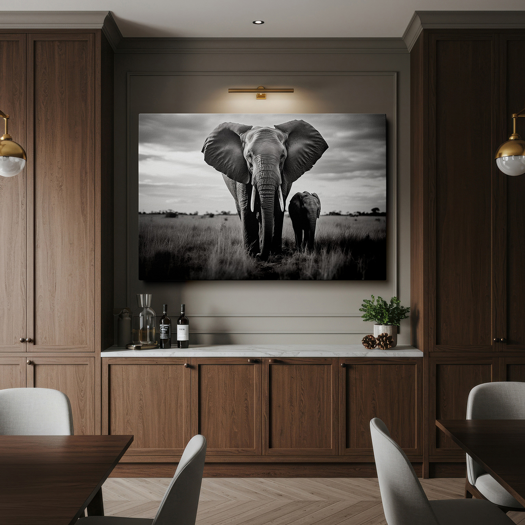 Perfectly sized at 45×30 cm for accenting shelves or narrow walls — serene elephants beneath a cloudy sky - tranquil wildlife scene large wall art, canvas wall art, wall decor for office and bedroom
