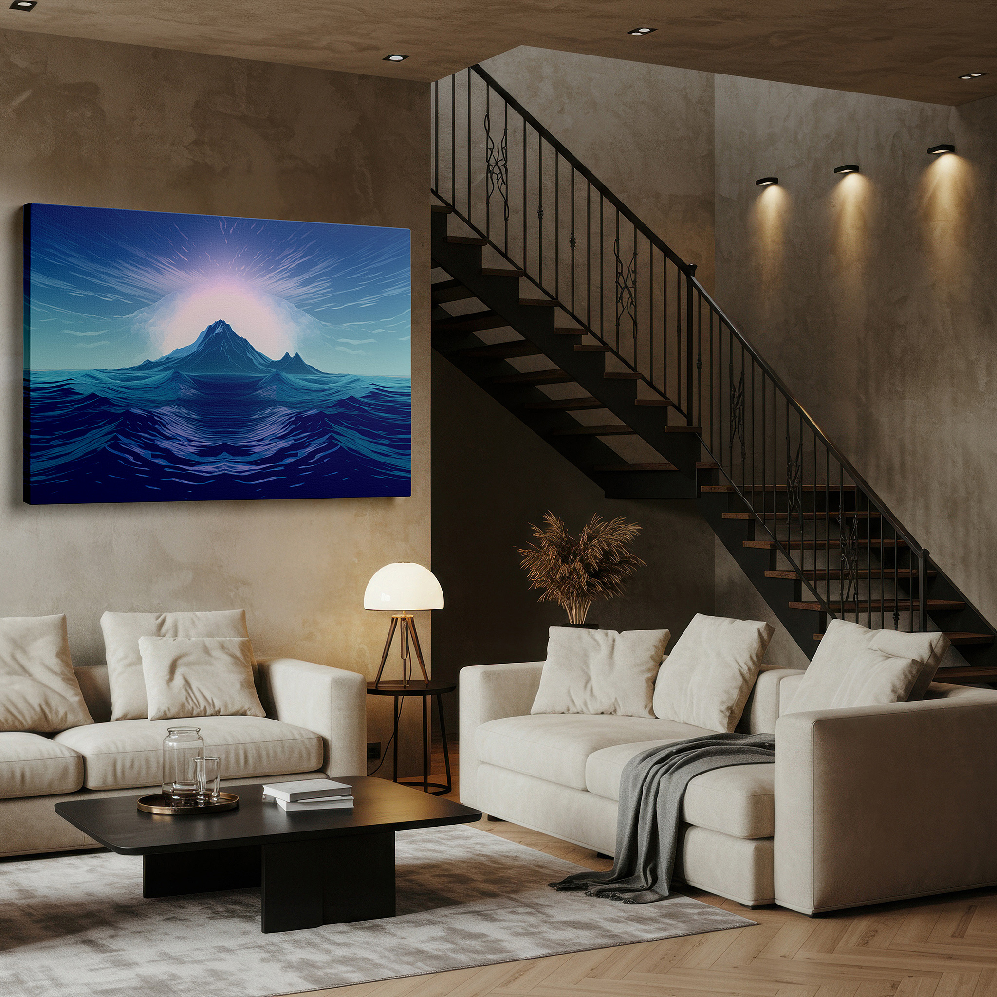Perfectly sized at 45×30 cm for accenting shelves or narrow walls — serene island dawn surrounded by peaceful waters, tranquil nature escape large wall art, canvas wall art, wall decor for office and bedroom