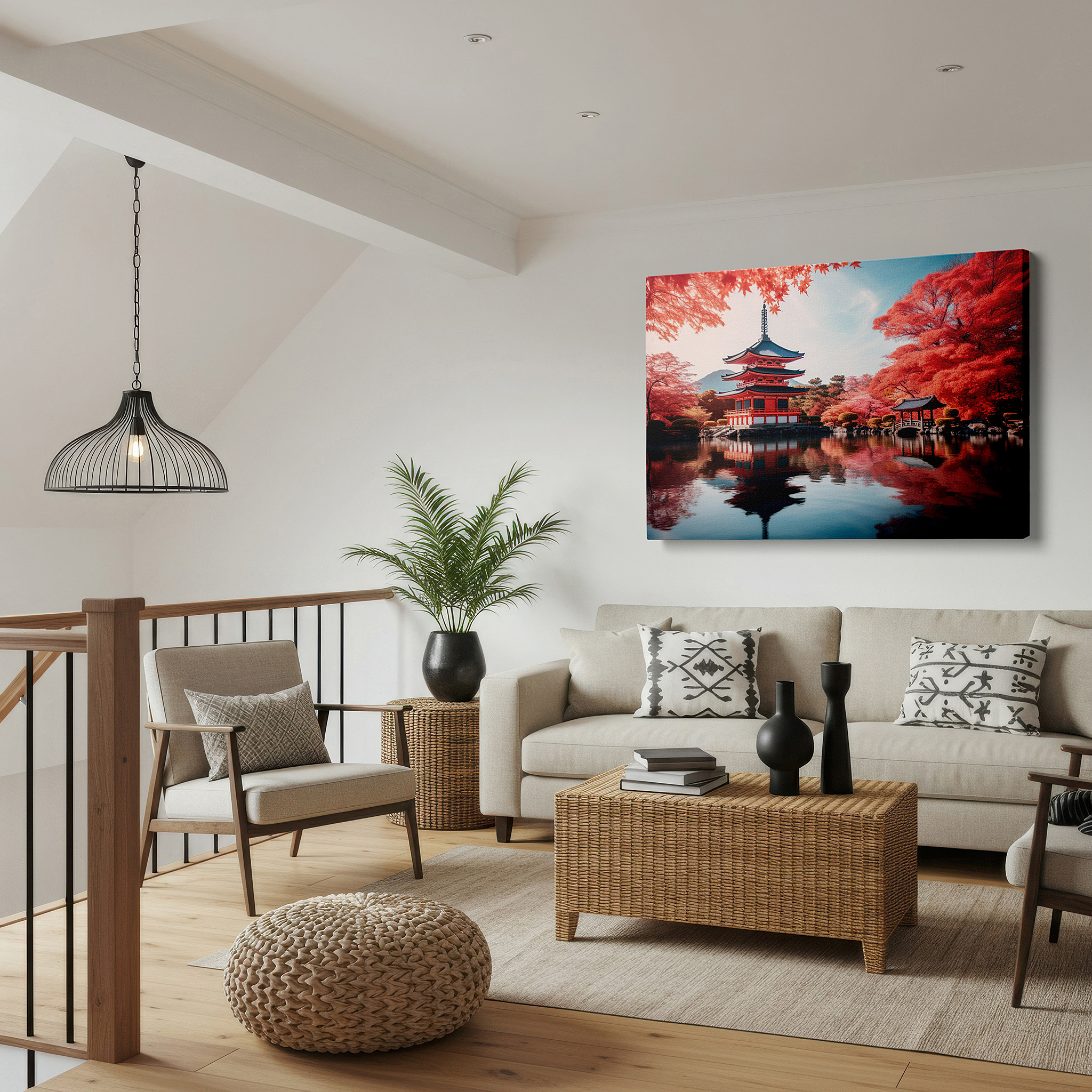 Perfectly sized at 45×30 cm for accenting shelves or narrow walls — serene japanese pagoda surrounded by autumn leaves, peaceful reflections on calm water large wall art, canvas wall art, wall decor for office