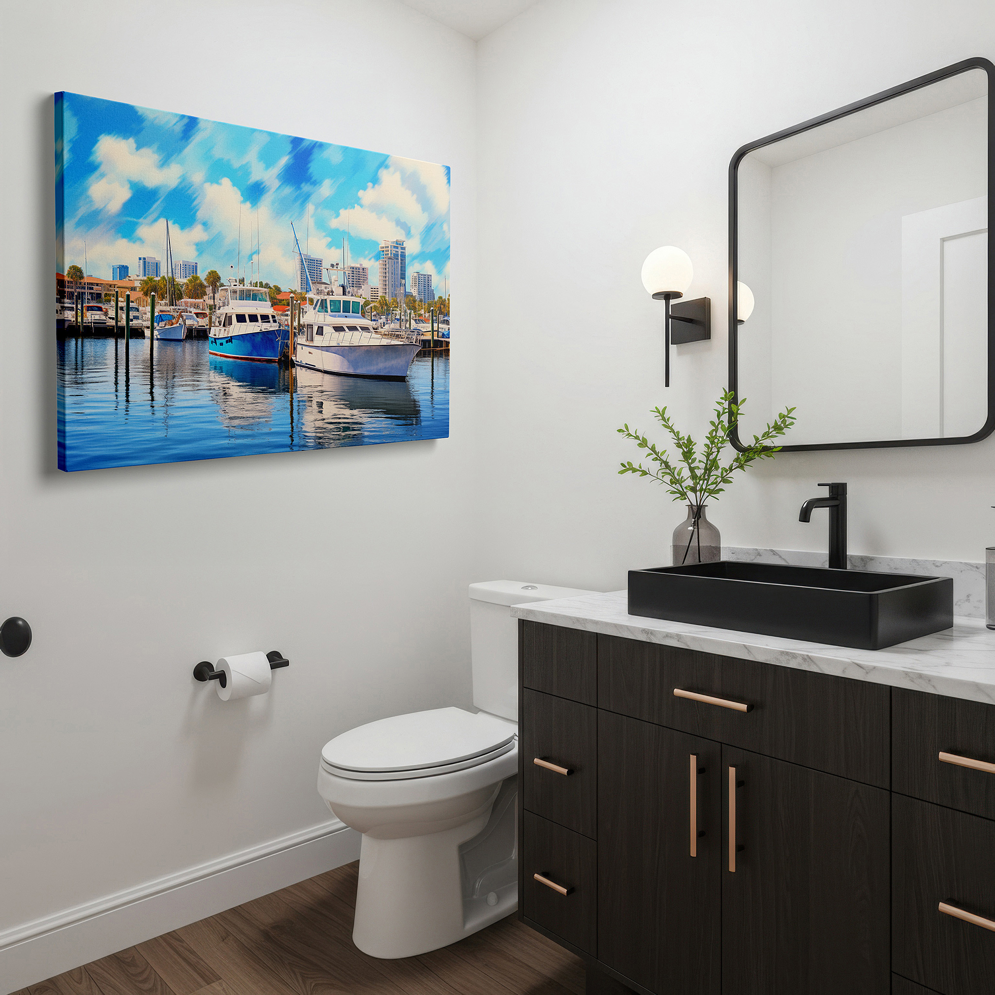 Perfectly sized at 45×30 cm for accenting shelves or narrow walls — serene marina and dynamic city skyline, peaceful water reflections of elegant boats and tall buildings, large canvas wall art, wall decor