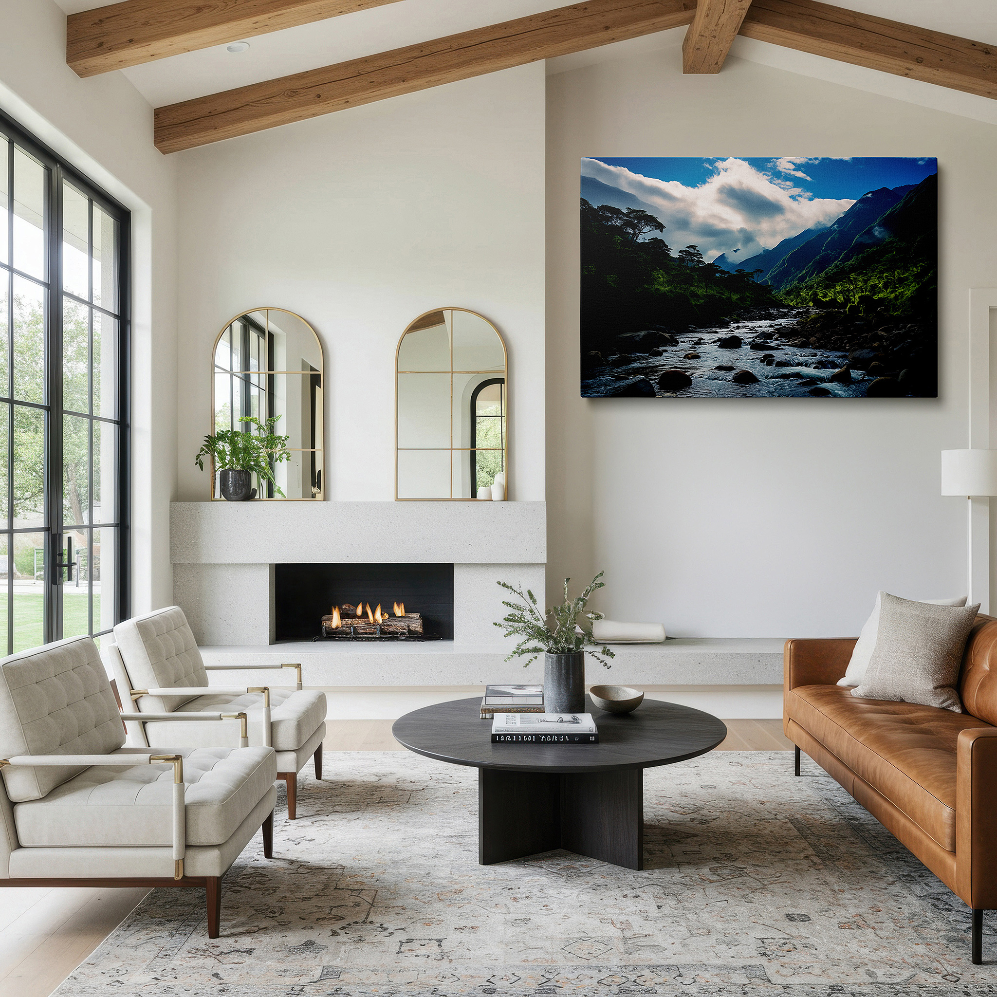 Perfectly sized at 45×30 cm for accenting shelves or narrow walls — serene mountain river flowing through verdant hills beneath a vibrant blue sky - large canvas wall art for office and bedroom decor