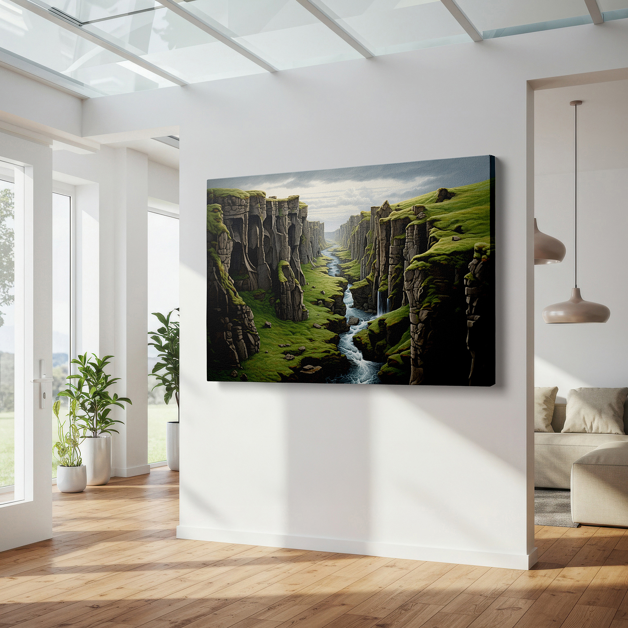 Perfectly sized at 45×30 cm for accenting shelves or narrow walls — serene river and majestic cliffs in a spacious canyon scene large wall art, canvas wall art, wall decor for office, bedroom wall decor, living room art