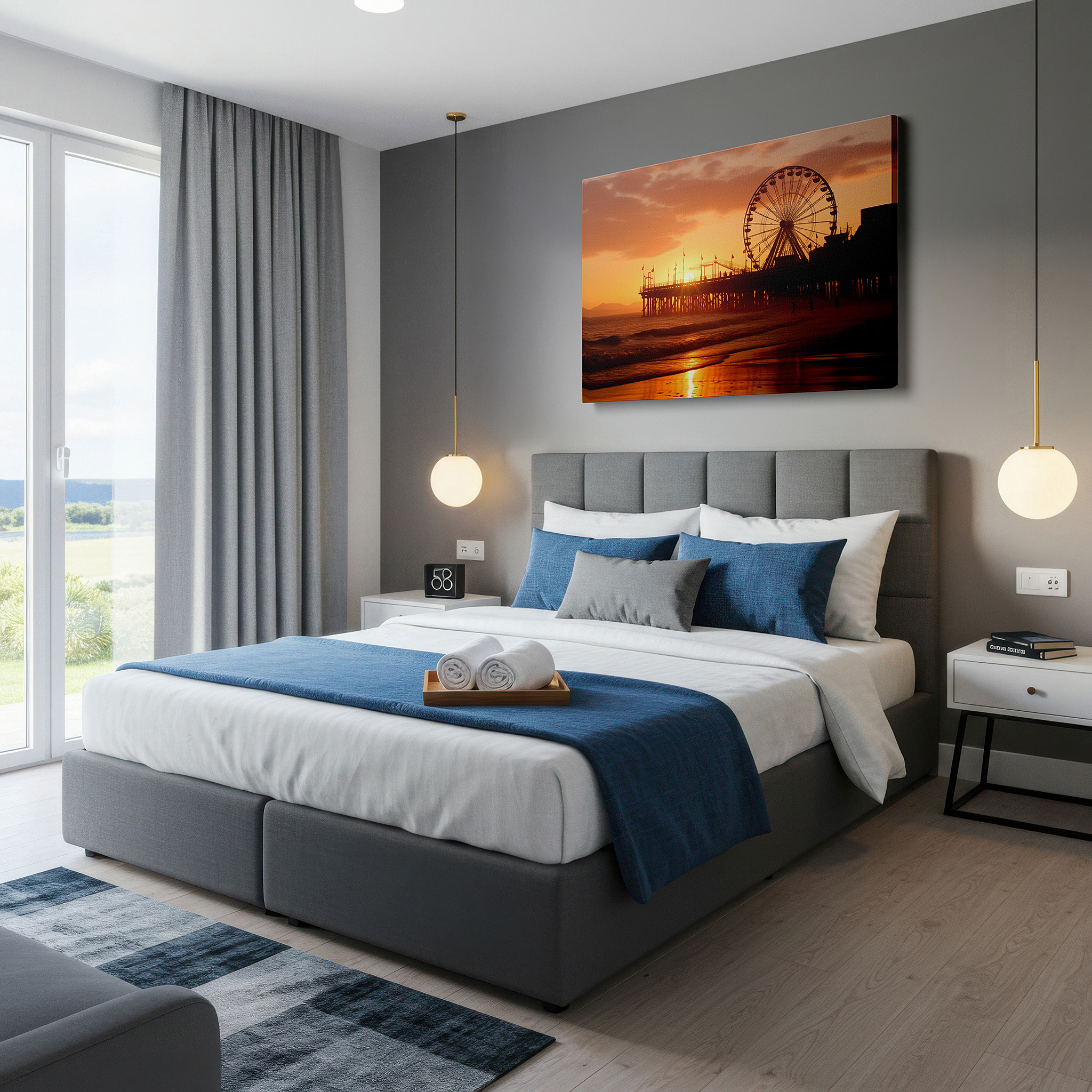 Perfectly sized at 45×30 cm for accenting shelves or narrow walls — serene sunset beach scene with silhouetted ferris wheel - large canvas wall art for office, bedroom, and living room decor