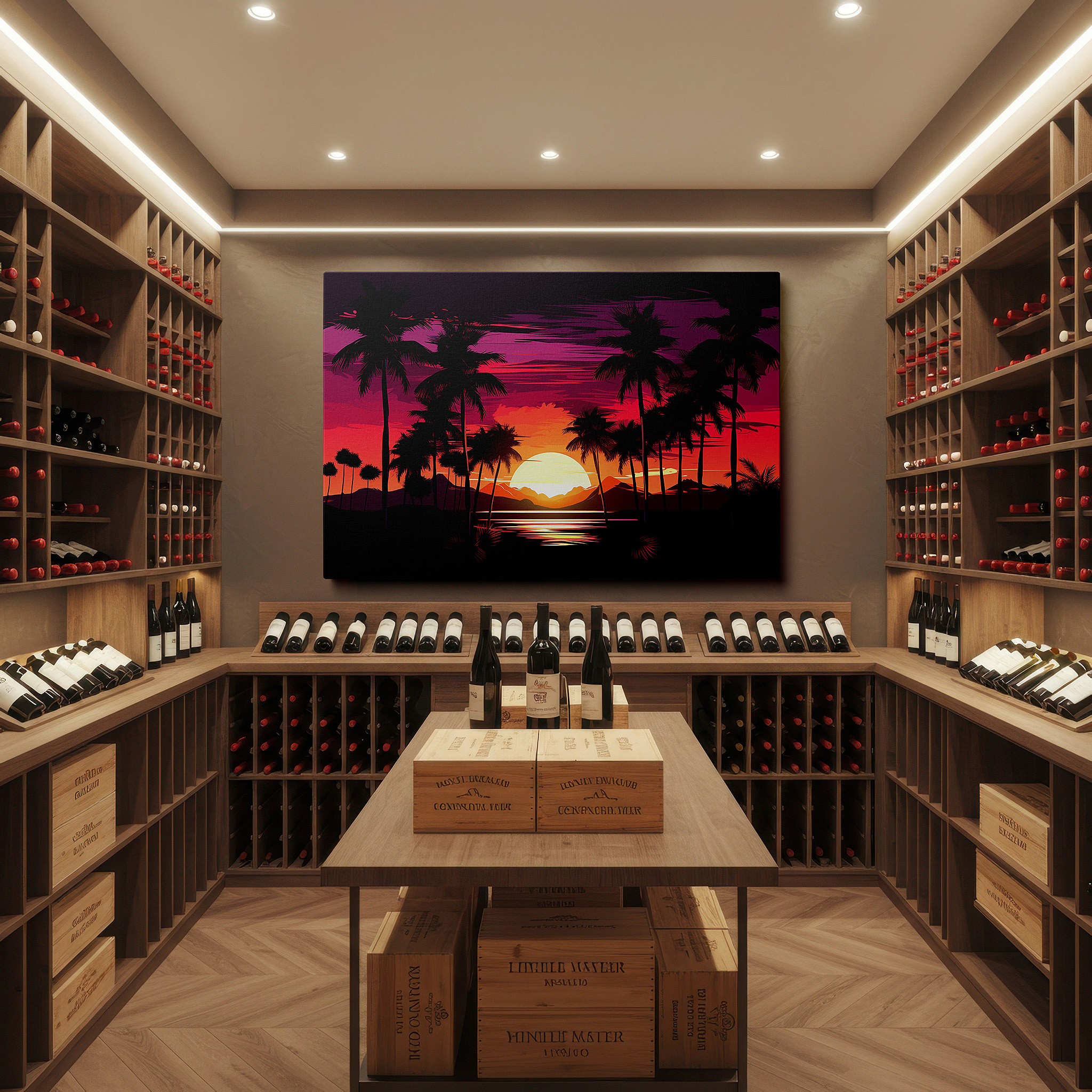 Perfectly sized at 45×30 cm for accenting shelves or narrow walls — serene sunset canvas featuring silhouetted palm trees and ocean horizon - large wall art for office, bedroom, and living room decor