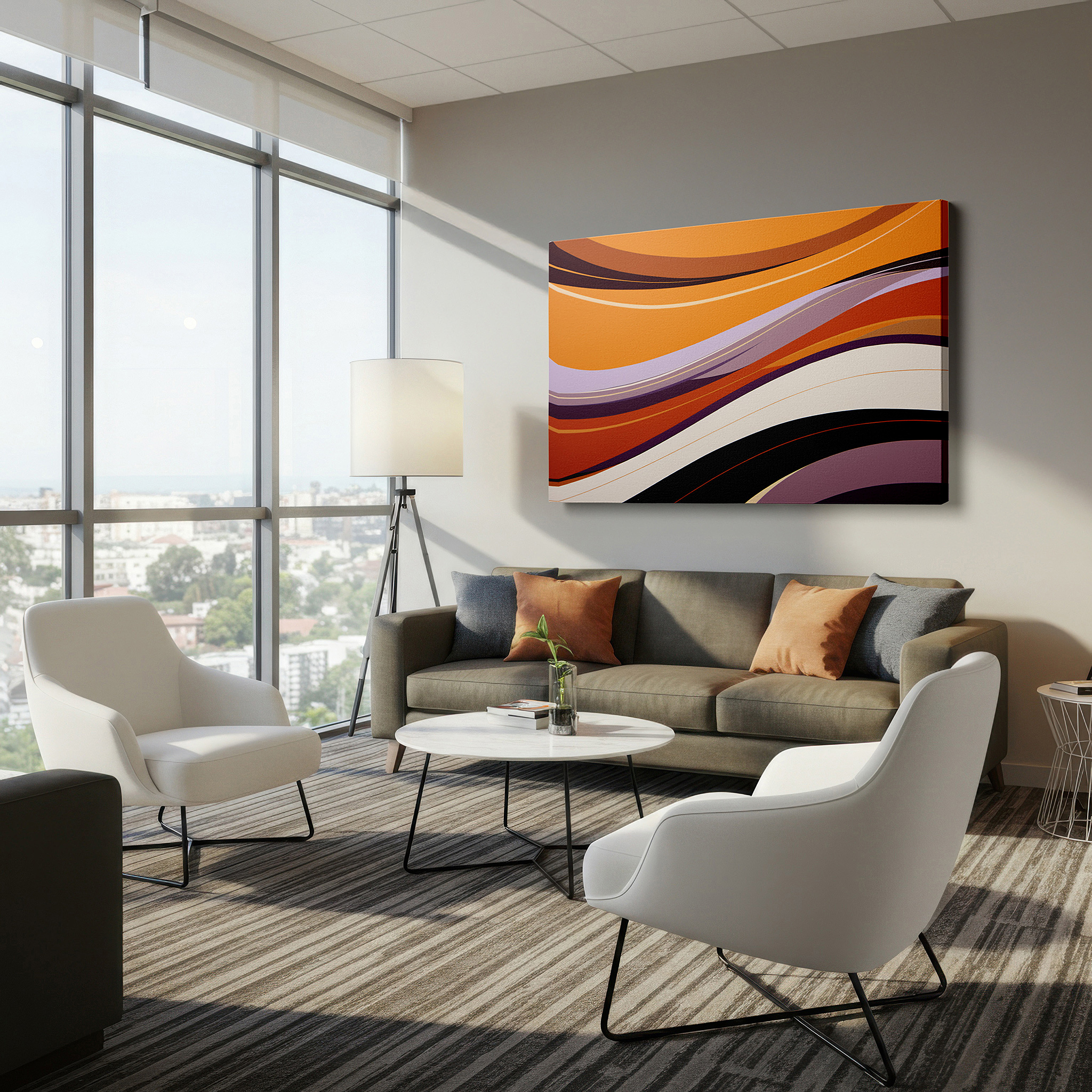 Perfectly sized at 45×30 cm for accenting shelves or narrow walls — serene waves of tranquility wall art in orange, purple, and neutral tones - large canvas for office and bedroom decor