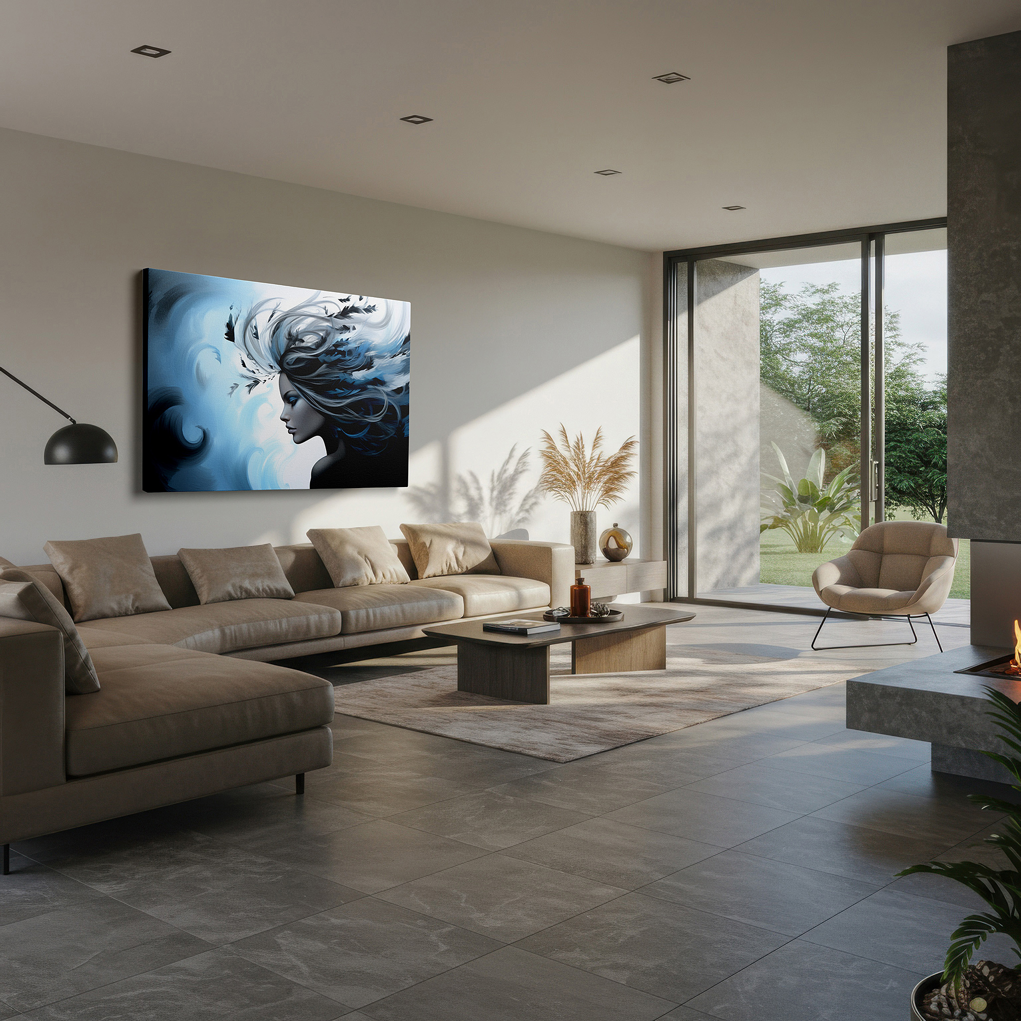 Perfectly sized at 45×30 cm for accenting shelves or narrow walls — serene woman caressed by breeze, symphony of calm blues and soft whispers, large canvas wall art for office and bedroom decor