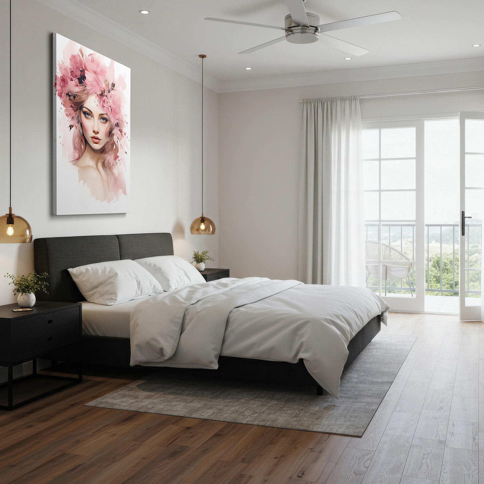Perfectly sized at 45×30 cm for accenting shelves or narrow walls — serene young woman surrounded by bright pink blossoms large wall art, canvas wall art, wall decor for office and bedroom