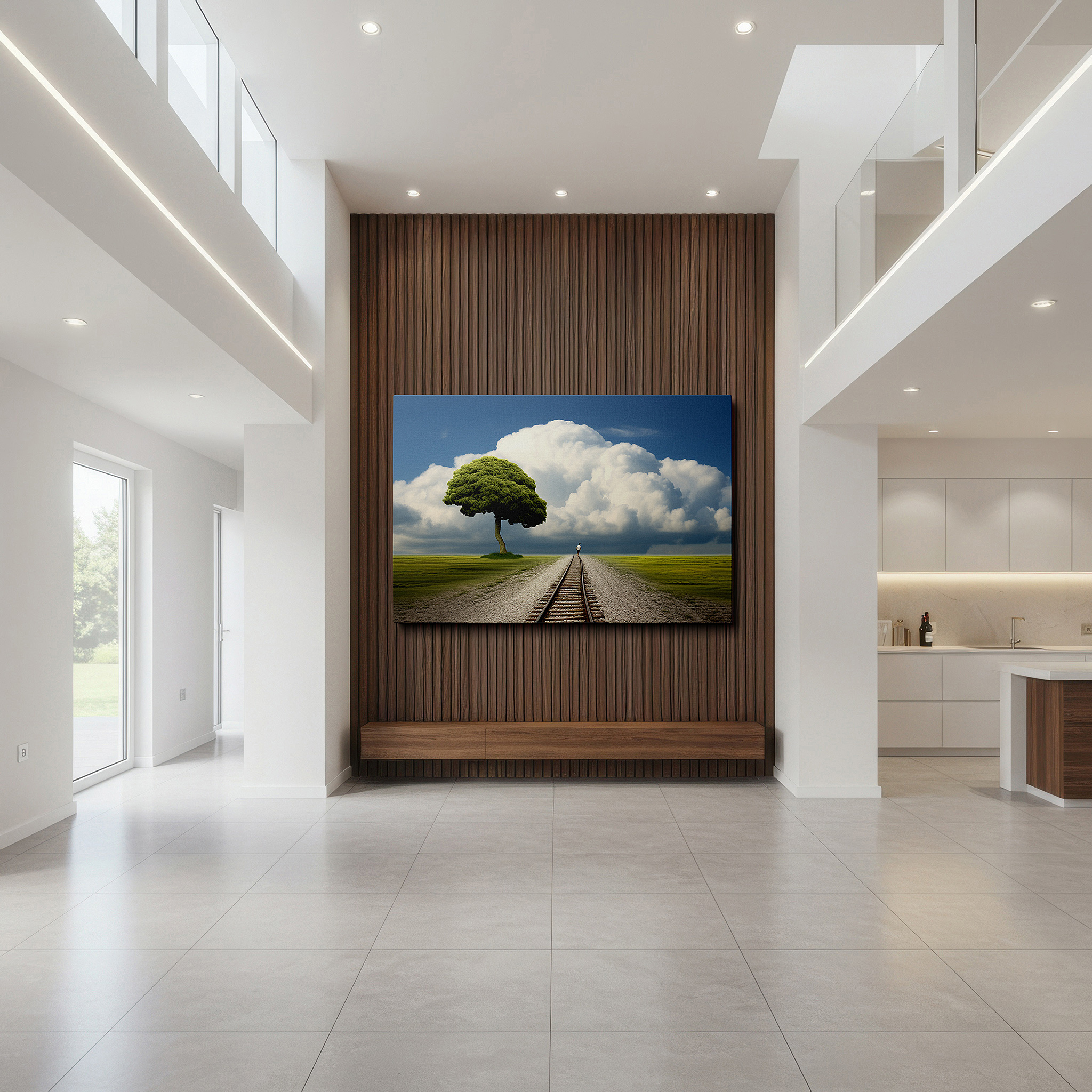 Perfectly sized at 45×30 cm for accenting shelves or narrow walls — solitary tree and train tracks wall art: a symbol of resilience and reflection - large canvas for home and office decor, ideal for living room and bedroom
