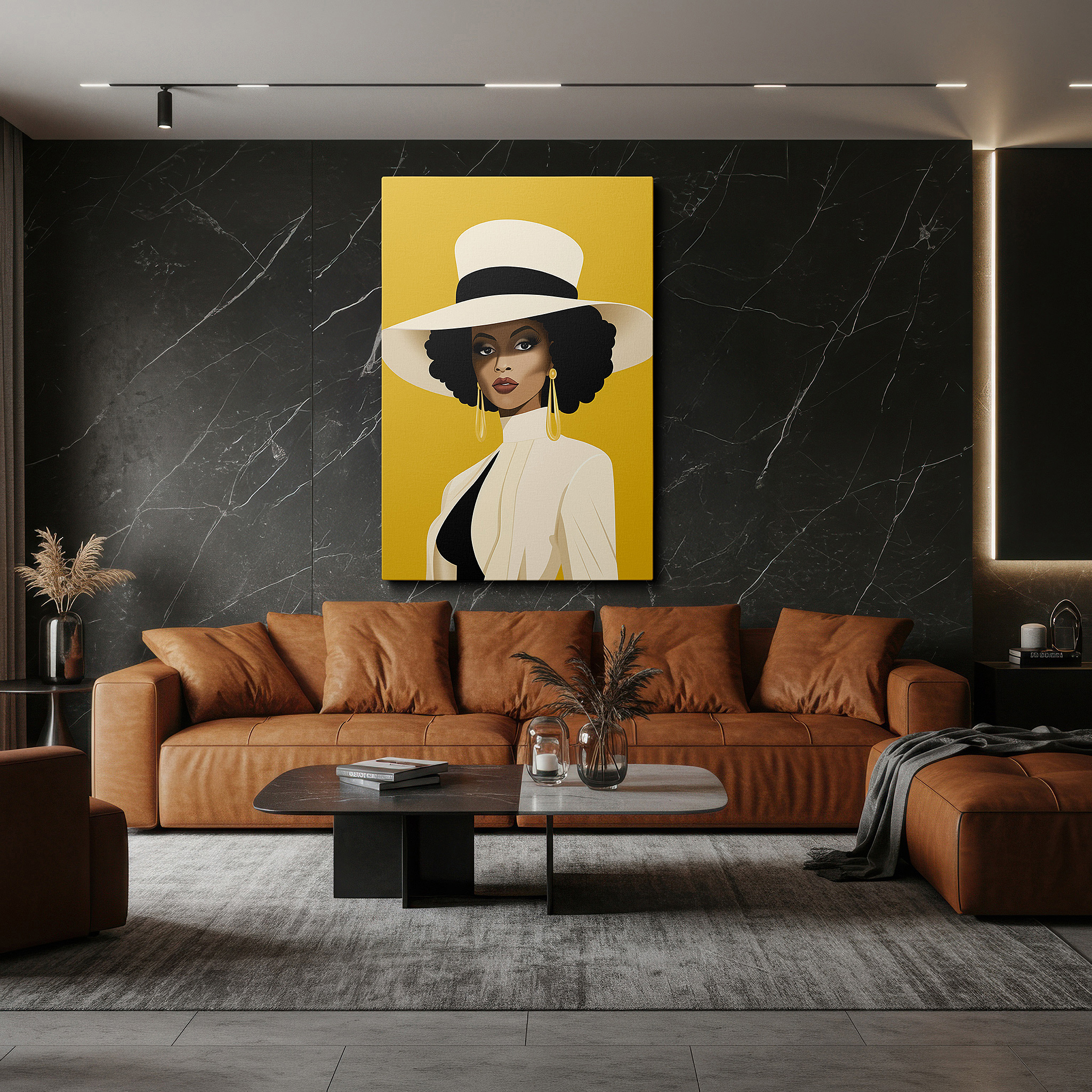 Perfectly sized at 45×30 cm for accenting shelves or narrow walls — sophisticated portrait with modern elegance in a chic hat, set against a vibrant yellow background - large canvas wall art for office decor