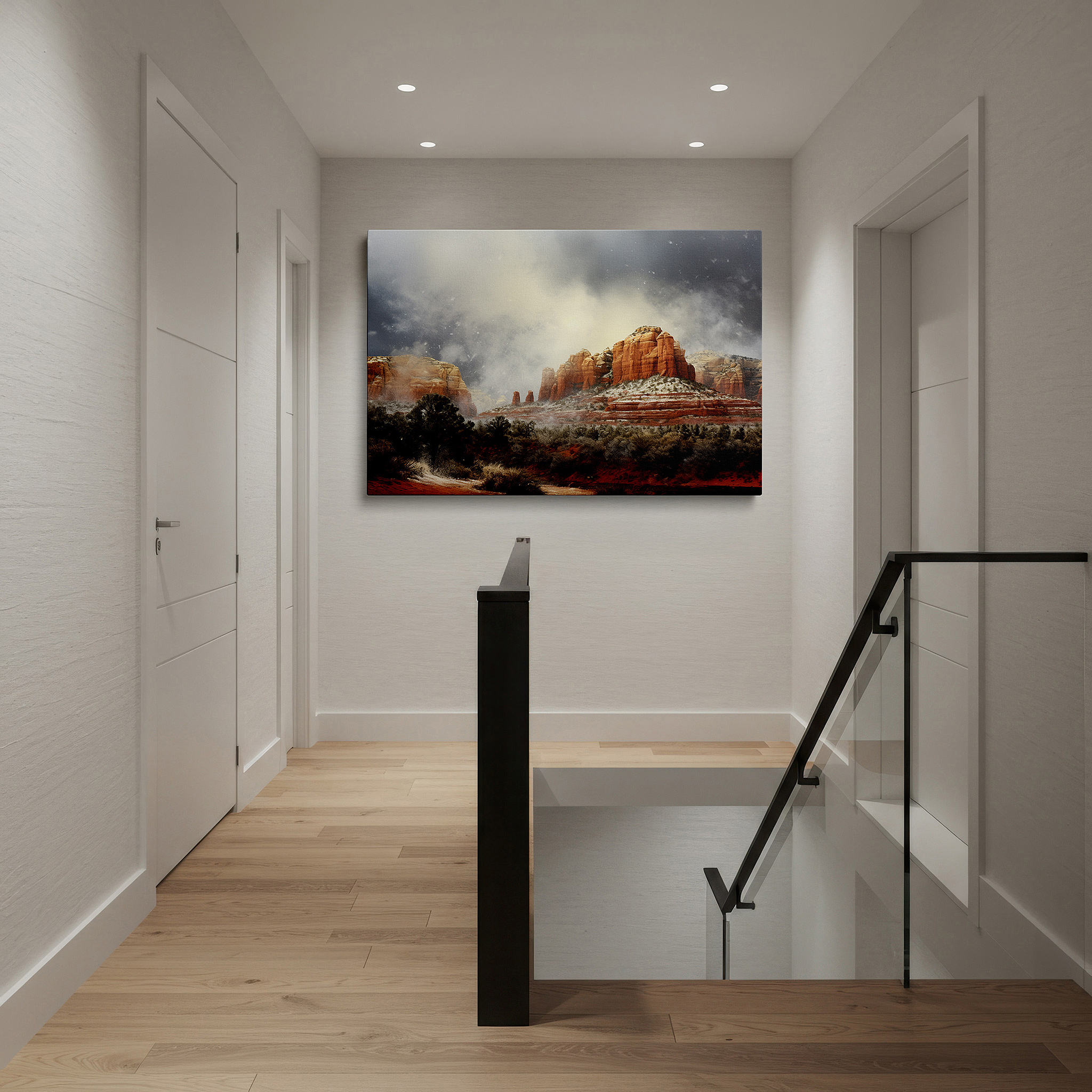 Perfectly sized at 45×30 cm for accenting shelves or narrow walls — stormy landscape with snowfall over majestic red rock mountains - large canvas wall art for emotional and visual impact, ideal for home and office decor