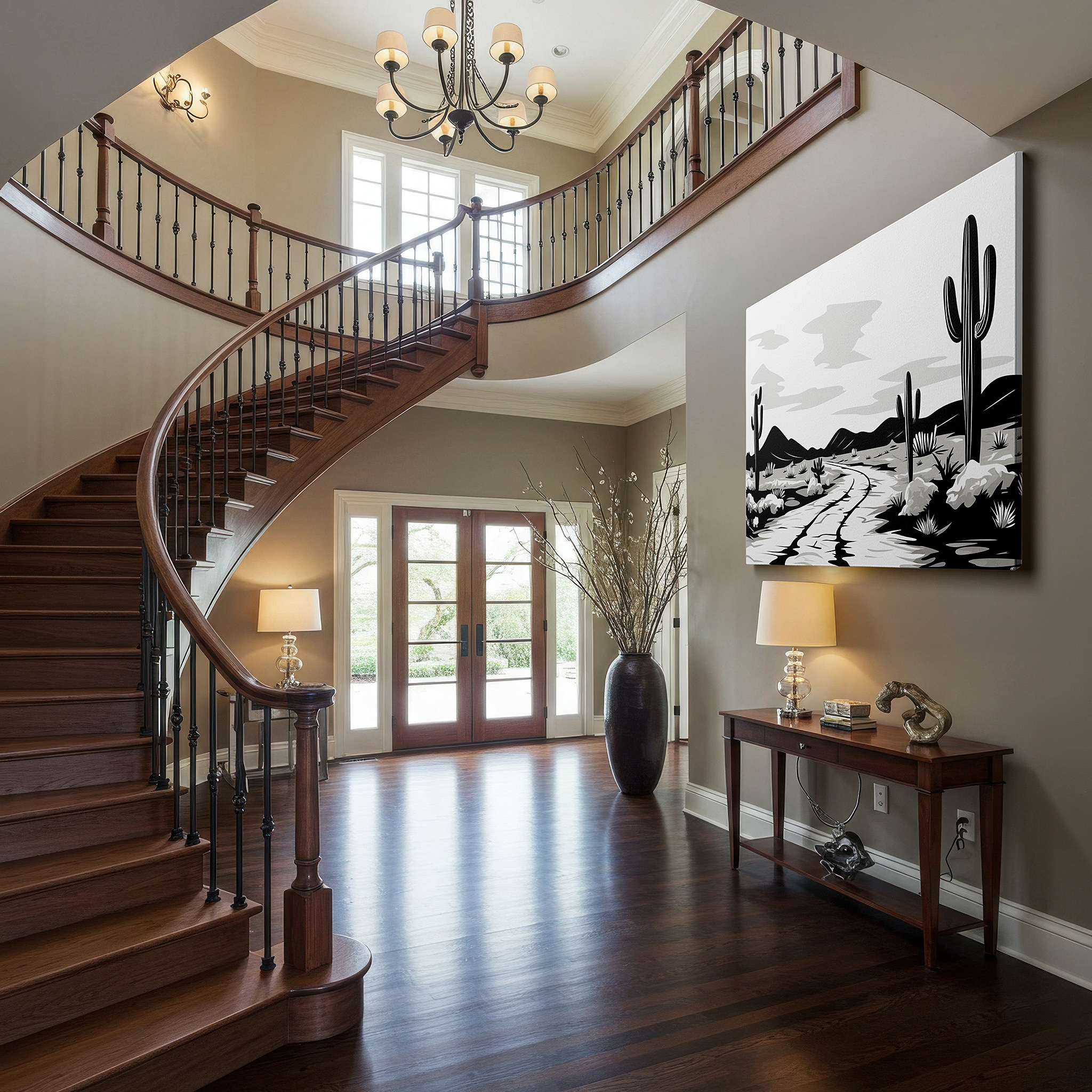 Perfectly sized at 45×30 cm for accenting shelves or narrow walls — stunning black and white desert landscape wall art featuring cacti and cracked terrain under a radiant sky, large canvas wall art