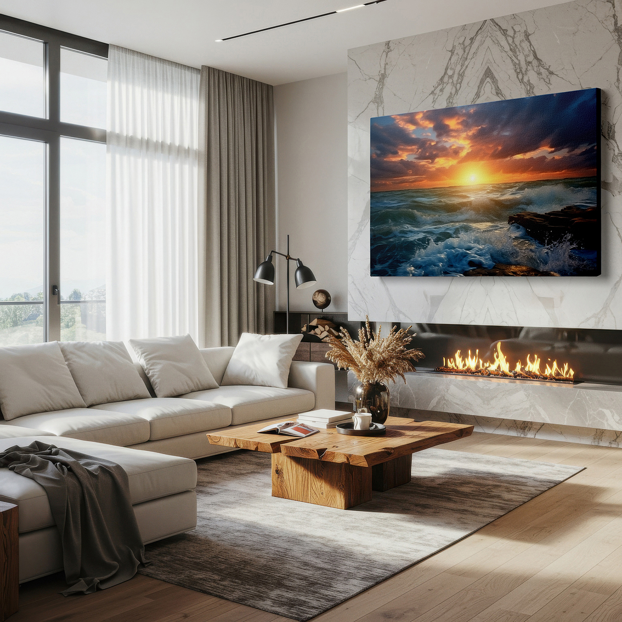 Perfectly sized at 45×30 cm for accenting shelves or narrow walls — sunset embraces the horizon: fiery waves and rugged shores large wall art, canvas wall art, wall decor for office, bedroom, and living room