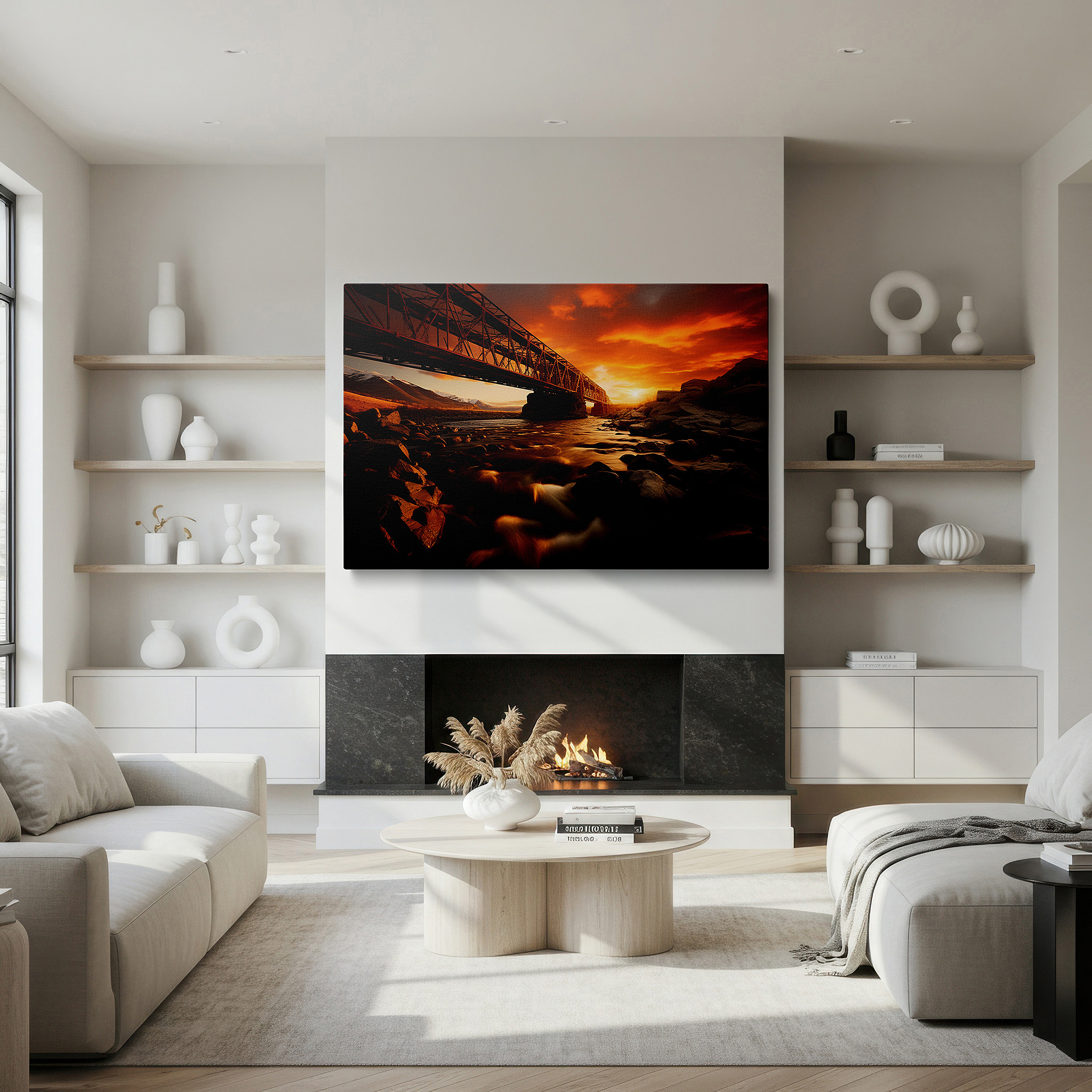 Perfectly sized at 45×30 cm for accenting shelves or narrow walls — sunset river and industrial bridge scene - large canvas wall art for office decor