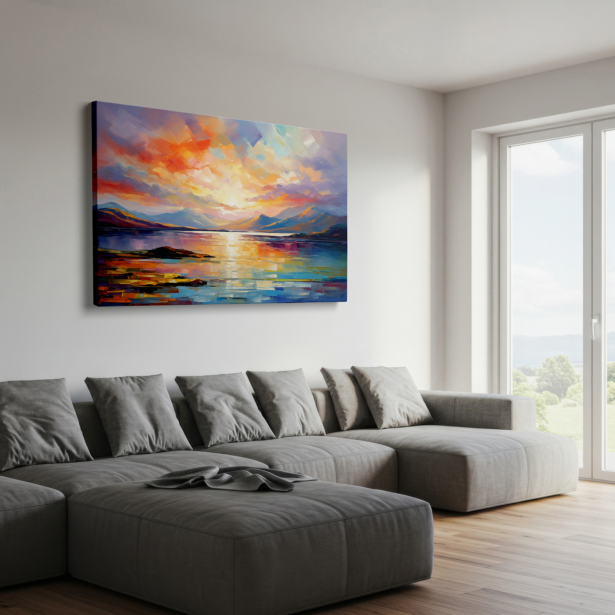 Perfectly sized at 45×30 cm for accenting shelves or narrow walls — sunset serenade - a peaceful impressionist landscape featuring luminous reflections, large canvas wall art for home and office decor