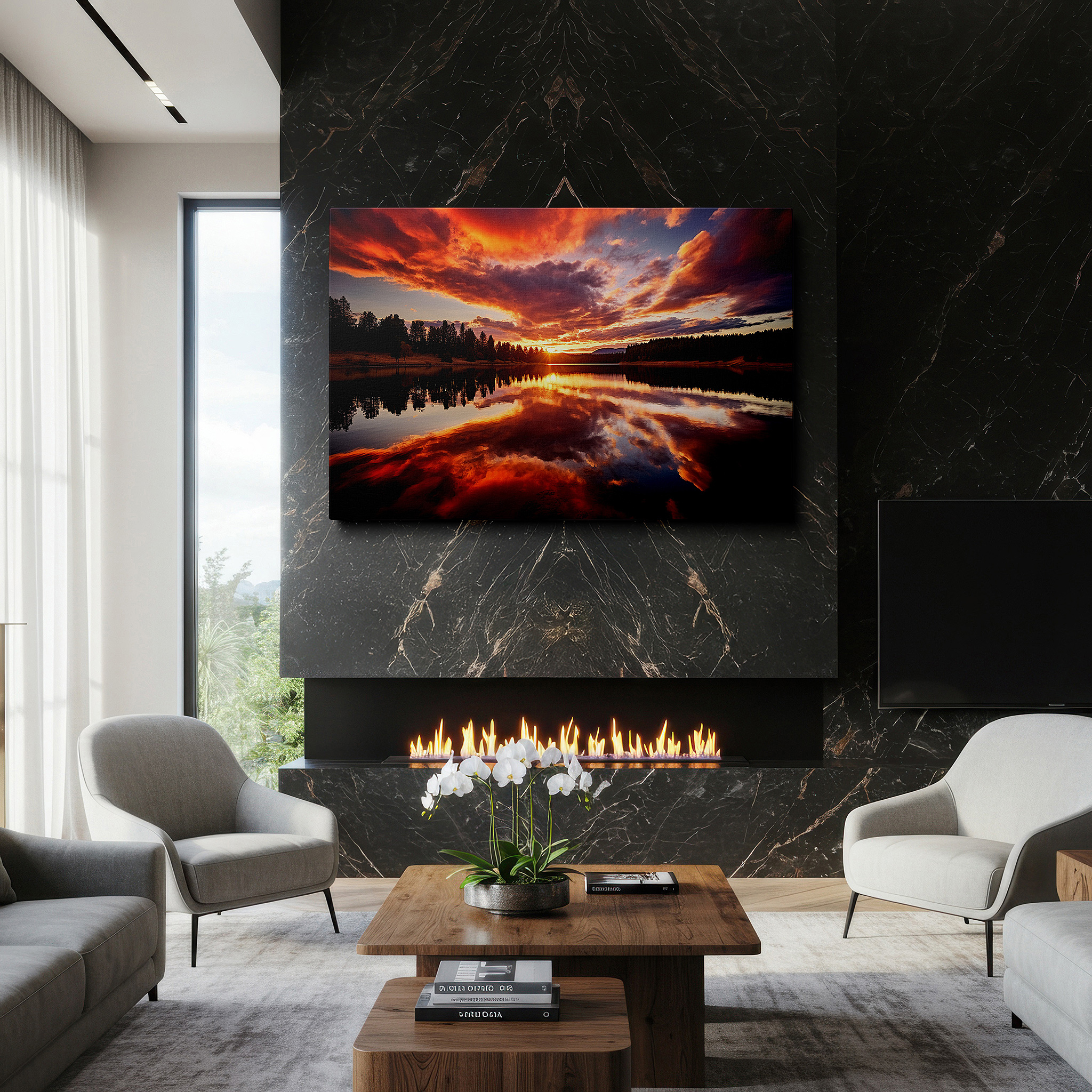 Perfectly sized at 45×30 cm for accenting shelves or narrow walls — sunset over tranquil lake wall art: peaceful and renewing with a vibrant fiery sky and reflective waters, ideal for office decor, large canvas