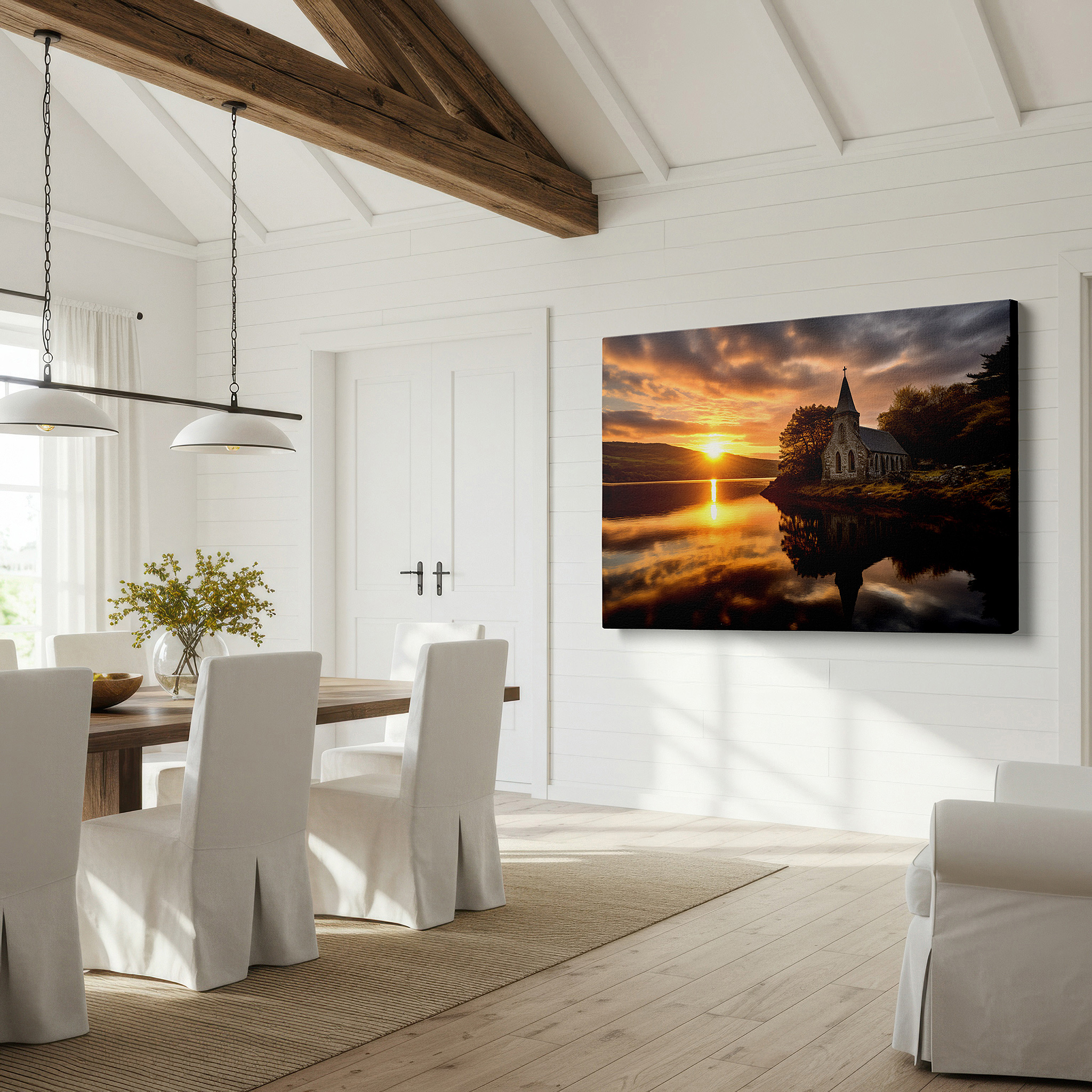 Perfectly sized at 45×30 cm for accenting shelves or narrow walls — tranquil church by the lake at sunset: large canvas wall art depicting serene natural beauty - ideal for office and bedroom decor
