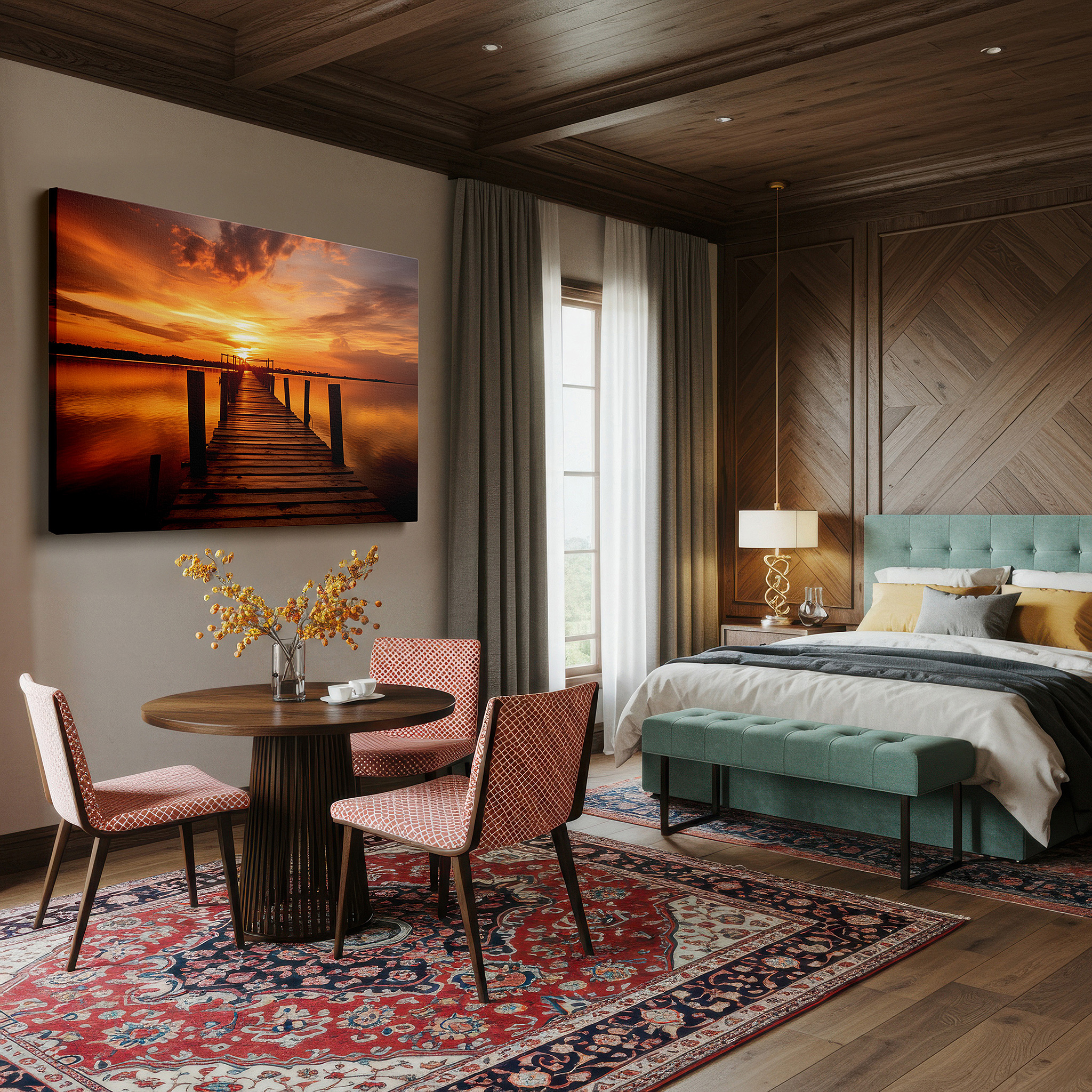 Perfectly sized at 45×30 cm for accenting shelves or narrow walls — tranquil sunset and weathered dock wall art: serene nature reflections - large canvas for home and office decor, perfect for bedrooms
