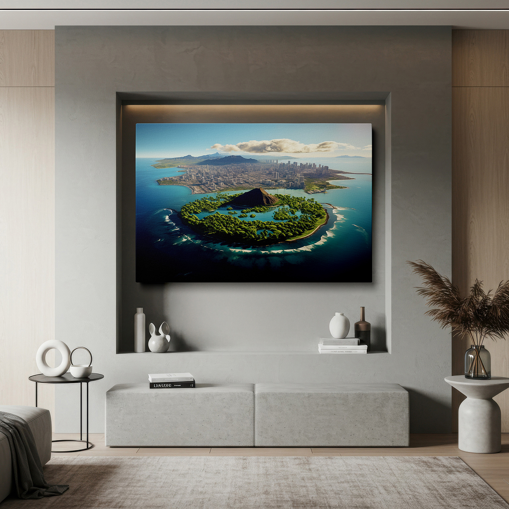 Perfectly sized at 45×30 cm for accenting shelves or narrow walls — tropical island and urban skyline fusion: stunning nature and innovation large wall art, canvas wall art, wall decor for office