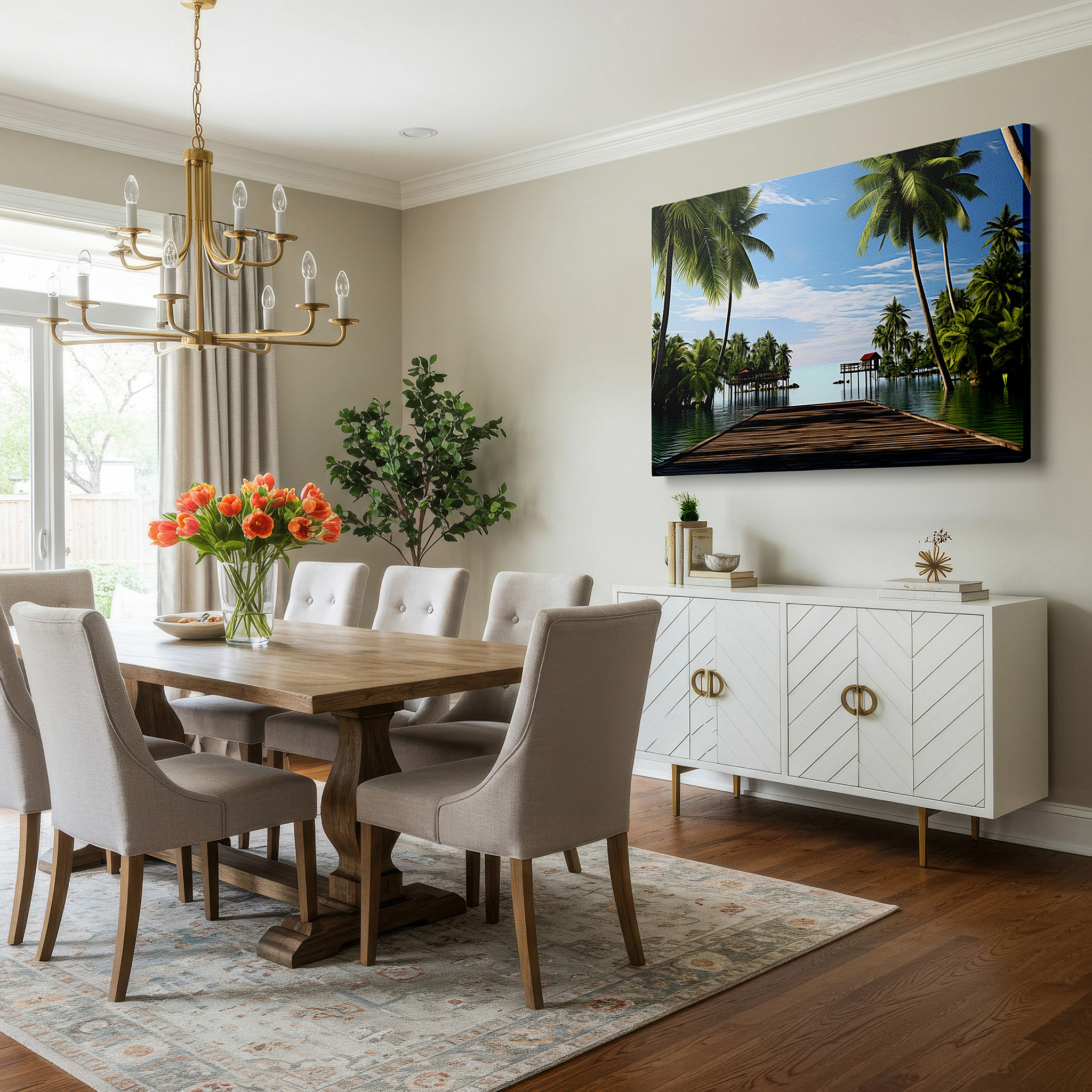 Perfectly sized at 45×30 cm for accenting shelves or narrow walls — tropical paradise featuring lush palms and peaceful dock for quiet reflection - large wall art, canvas wall art, wall decor for office and bedroom