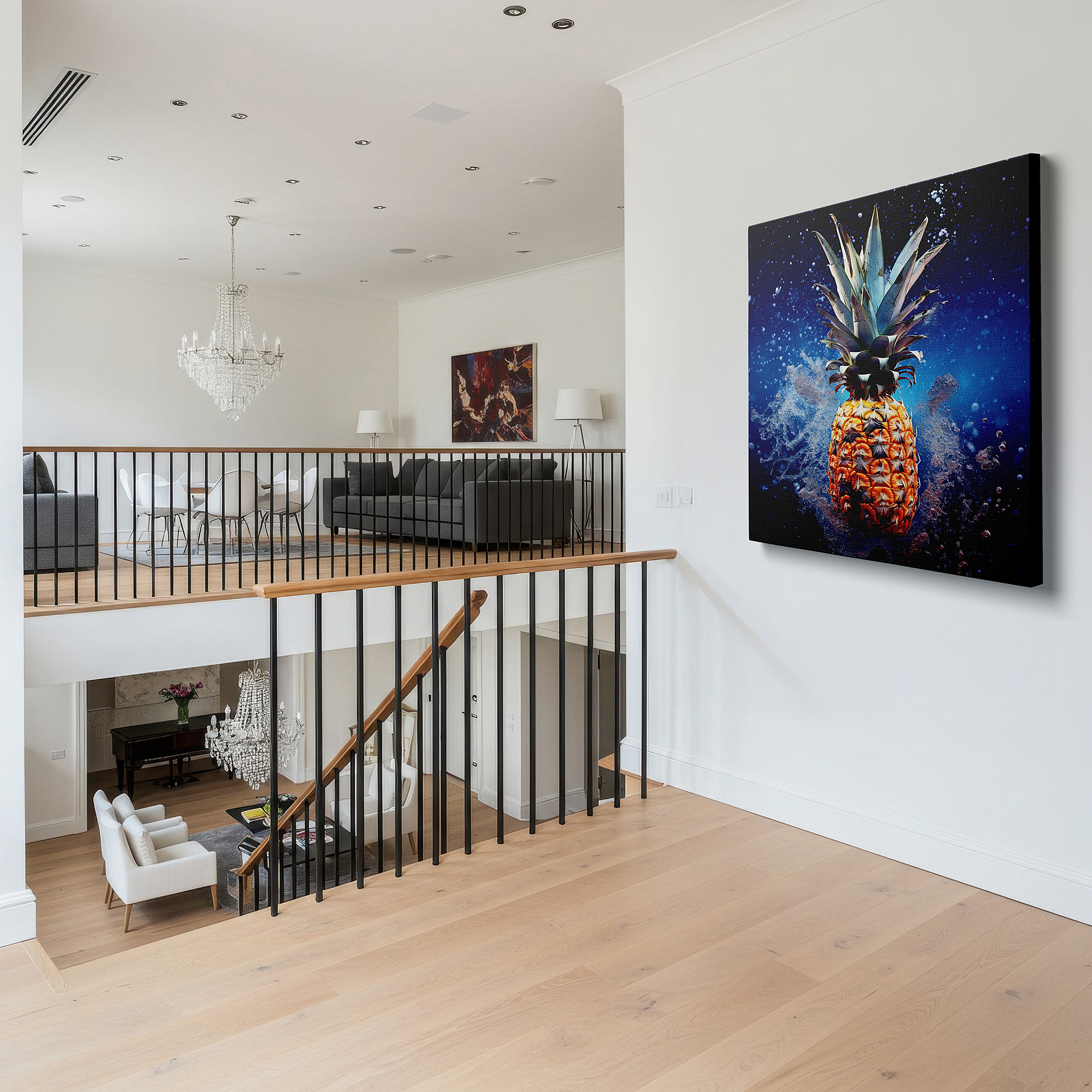Perfectly sized at 45×30 cm for accenting shelves or narrow walls — tropical pineapple splash wall art: vibrant summer symphony on deep ocean blue canvas, perfect for office or bedroom decor