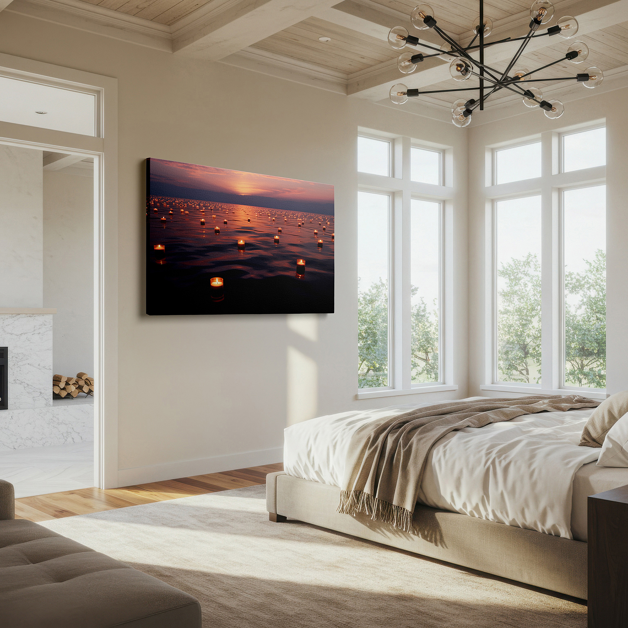 Perfectly sized at 45×30 cm for accenting shelves or narrow walls — twilight serenity with floating candles: a tranquil reflection of light and peace - large canvas wall art for office decor