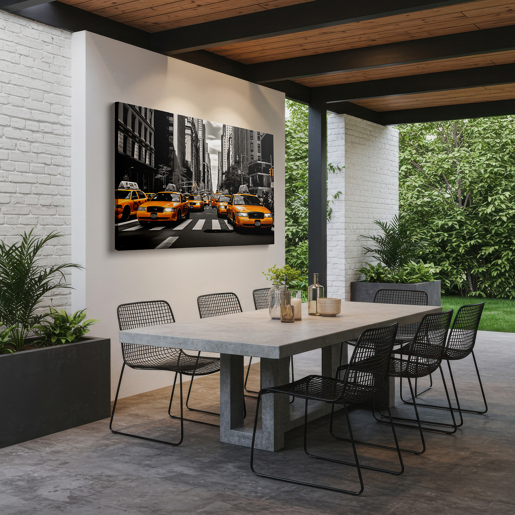 Perfectly sized at 45×30 cm for accenting shelves or narrow walls — urban energy in monochrome featuring a vibrant yellow taxi - large wall art, canvas wall art, wall decor for office and bedroom