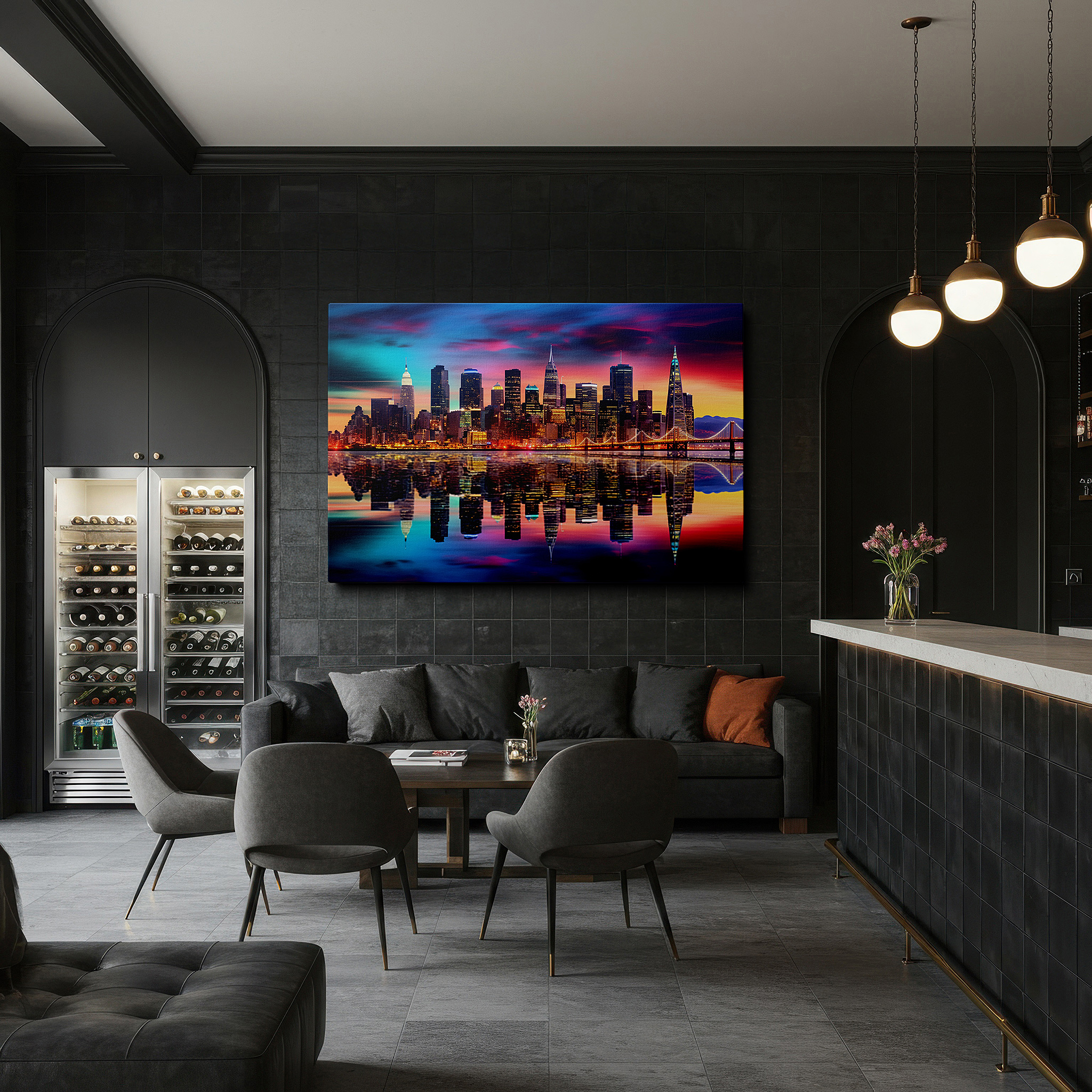Perfectly sized at 45×30 cm for accenting shelves or narrow walls — urban skyline at sunset with reflective river: a fusion of historic and contemporary architecture - large canvas wall art for office decor