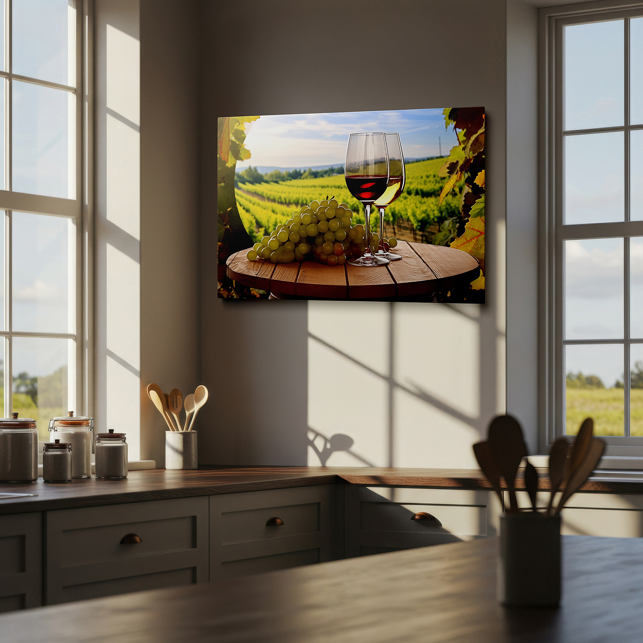 Perfectly sized at 45×30 cm for accenting shelves or narrow walls — vineyard serenity wall art: celebrate winemaking with this sunlit retreat-themed large canvas, perfect for office or bedroom decor.