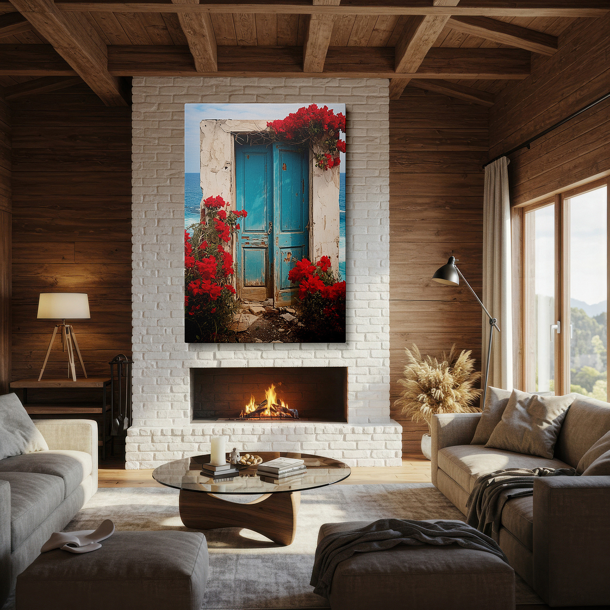 Perfectly sized at 45×30 cm for accenting shelves or narrow walls — wall art: ancient doorway to serenity - featuring vibrant flowers and a tranquil ocean vista. large canvas wall art for office and bedroom decor.