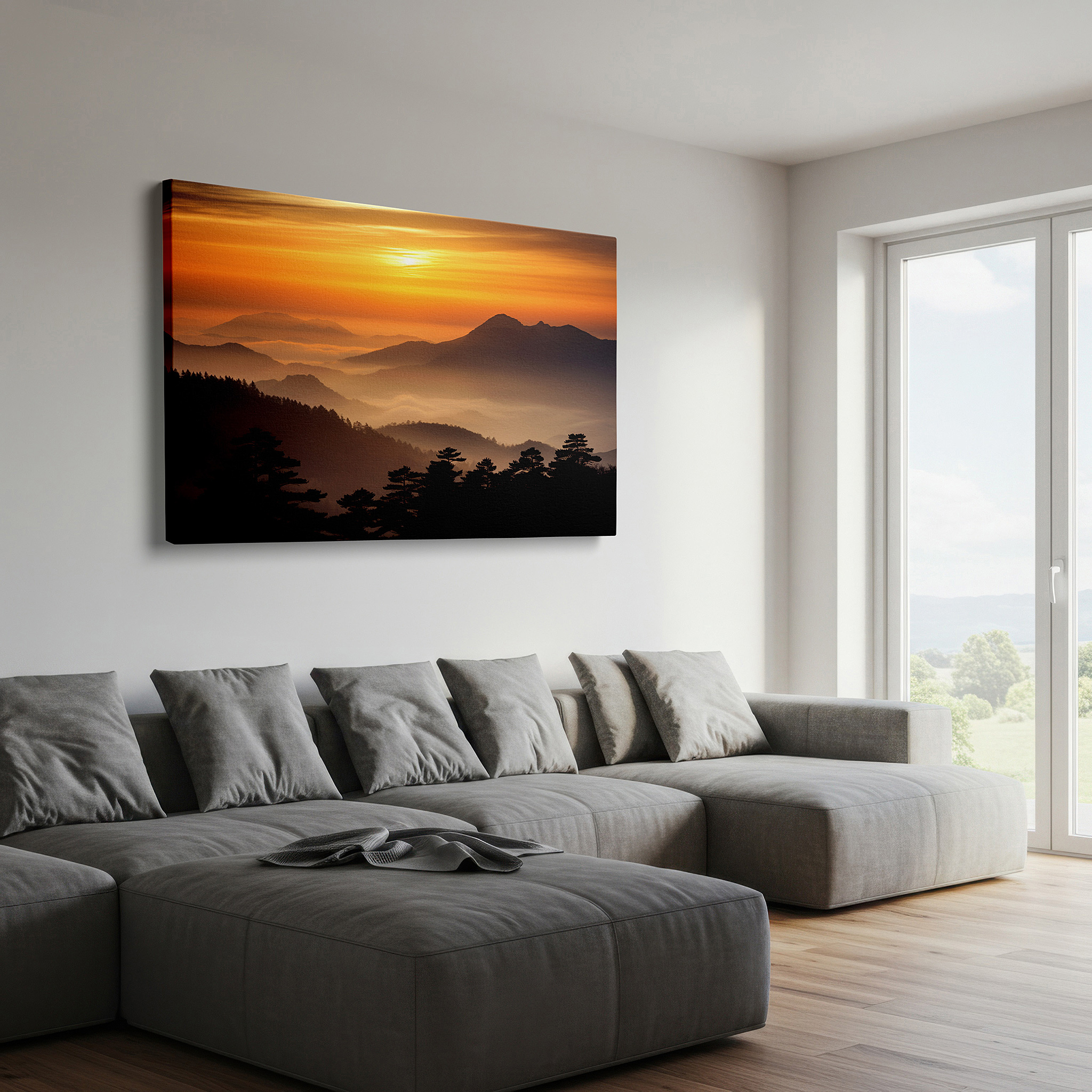 Perfectly sized at 45×30 cm for accenting shelves or narrow walls — wall art: fiery sunset over rugged peaks - a vivid display of nature's beauty. perfect for office, bedroom, and home decor, available as large canvas wall art.