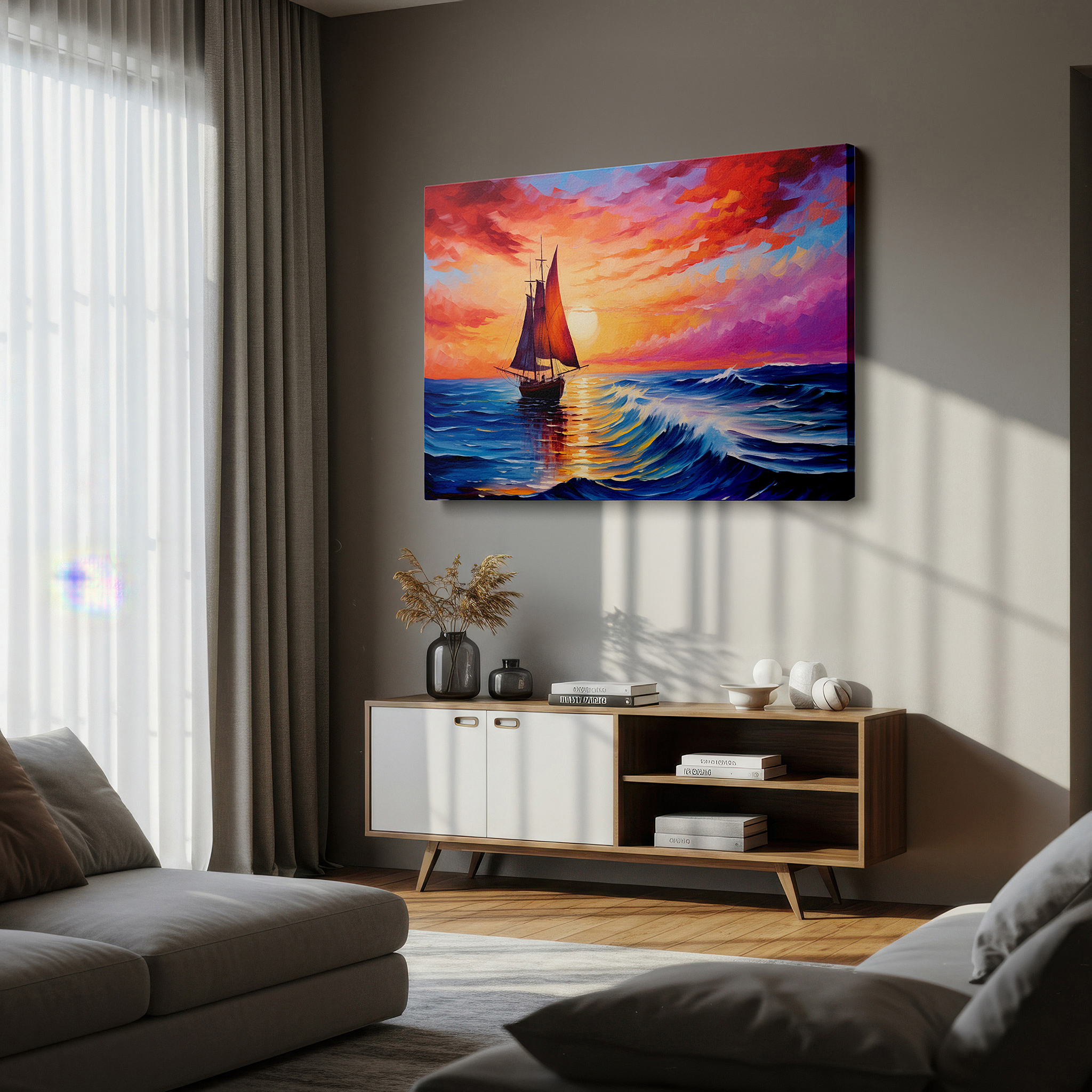 Perfectly sized at 45×30 cm for accenting shelves or narrow walls — wall art: majestic ship sailing through stormy seas at sunset - large canvas wall art for office, bedroom, and living room decor