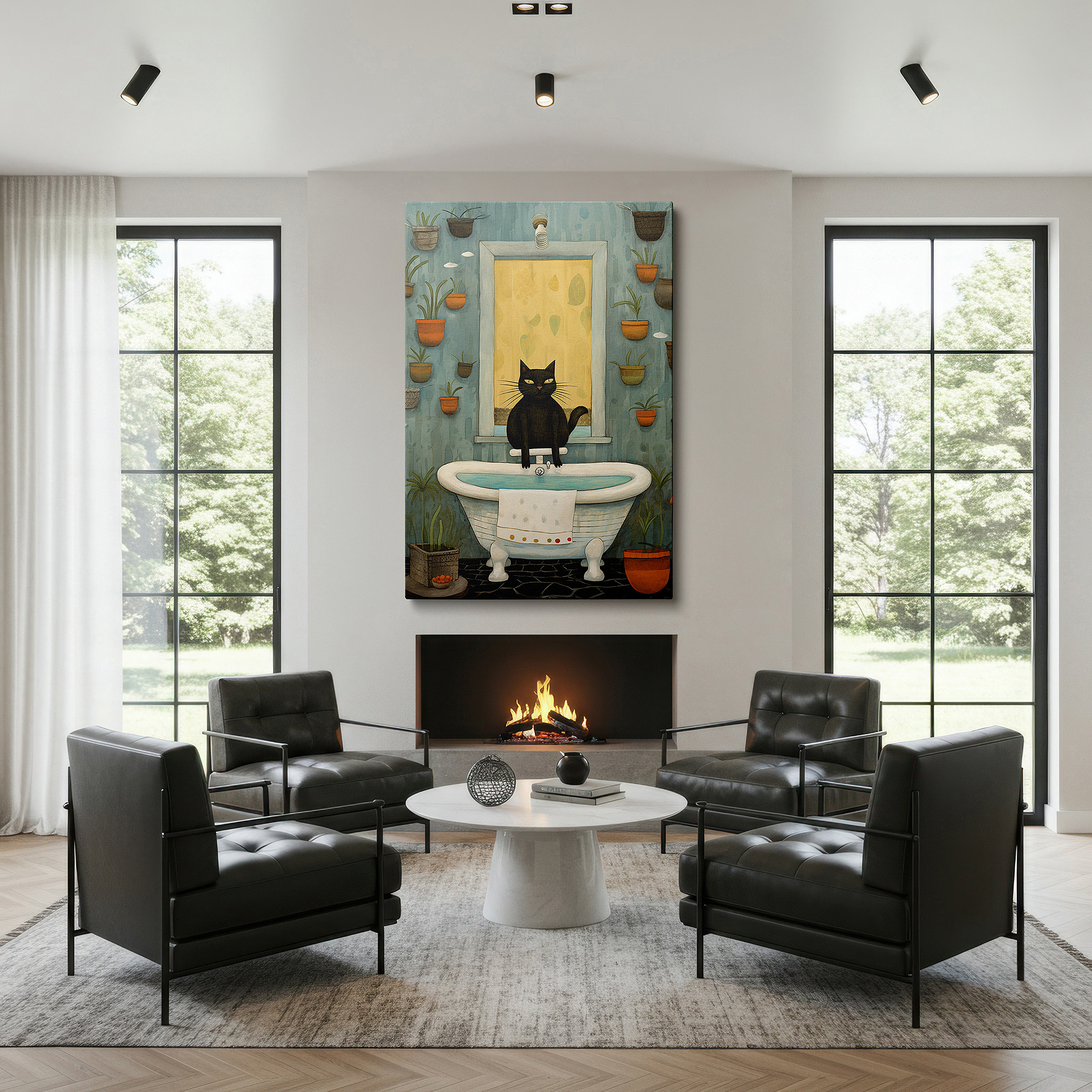 Perfectly sized at 45×30 cm for accenting shelves or narrow walls — wall art: serene beauty featuring a black cat on a bathtub surrounded by verdant plants and gentle lighting - large canvas wall art for home and office decor