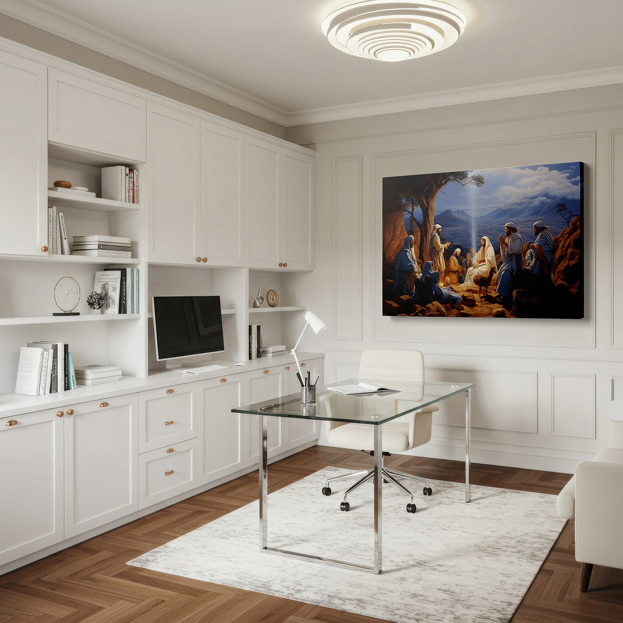 Perfectly sized at 45×30 cm for accenting shelves or narrow walls — wall art: serene gathering around a wise figure, capturing a moment of spiritual awakening and collective harmony - large canvas wall art decor