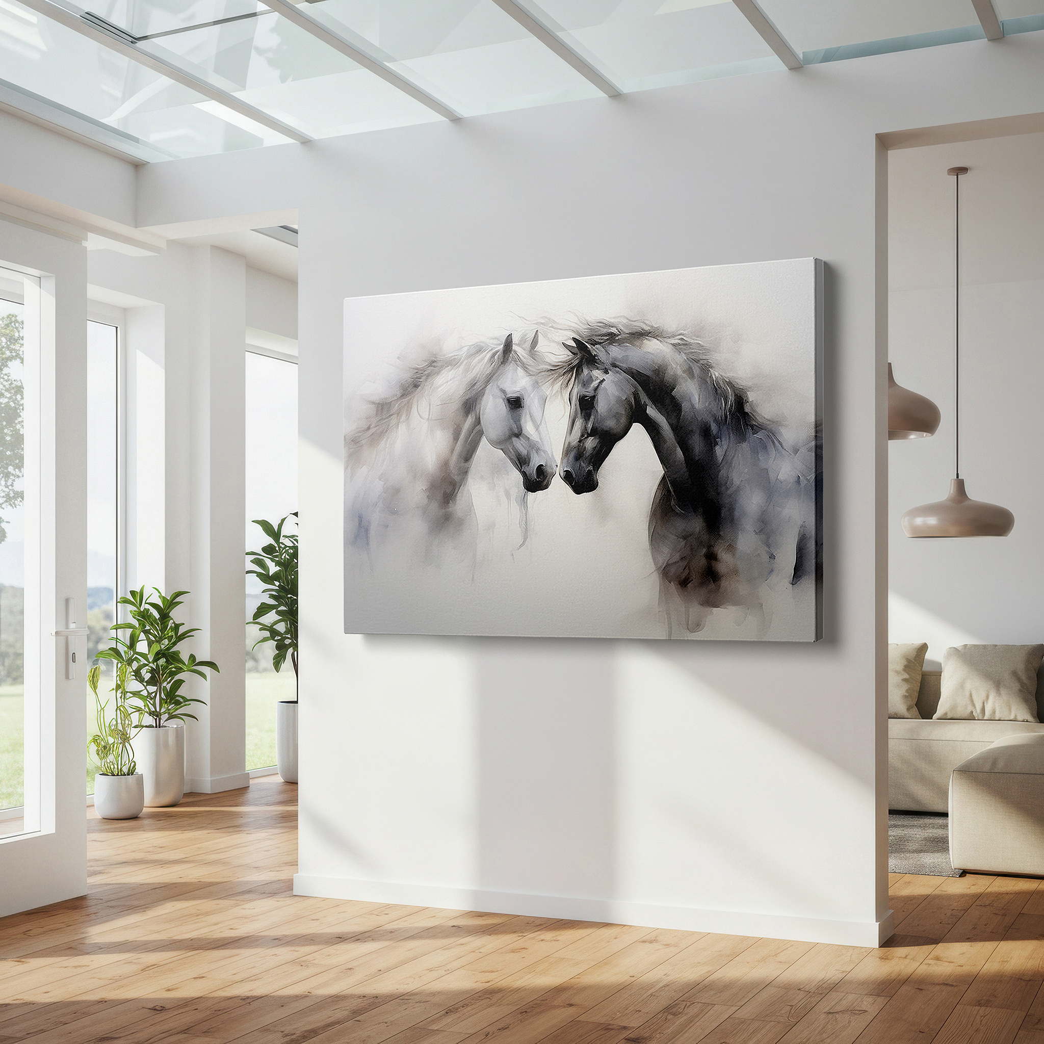 Perfectly sized at 45×30 cm for accenting shelves or narrow walls — wall art: serene moments of majestic horses in soft abstract - large canvas art featuring companionship and serenity in muted earth tones