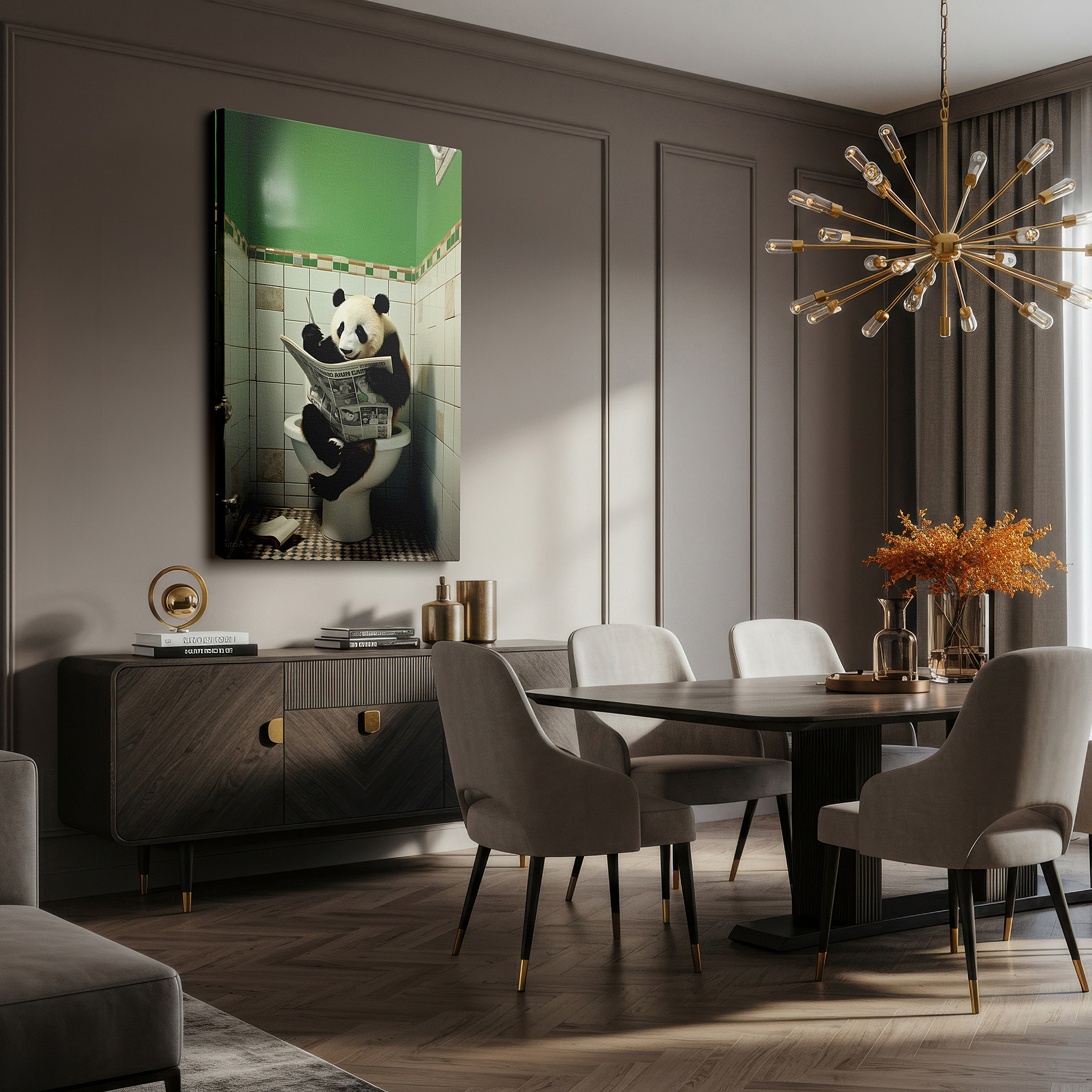 Perfectly sized at 45×30 cm for accenting shelves or narrow walls — wall art: "serene panda's humorous retreat" - large canvas featuring a panda in a human-like pose for office, bedroom, or living room decor
