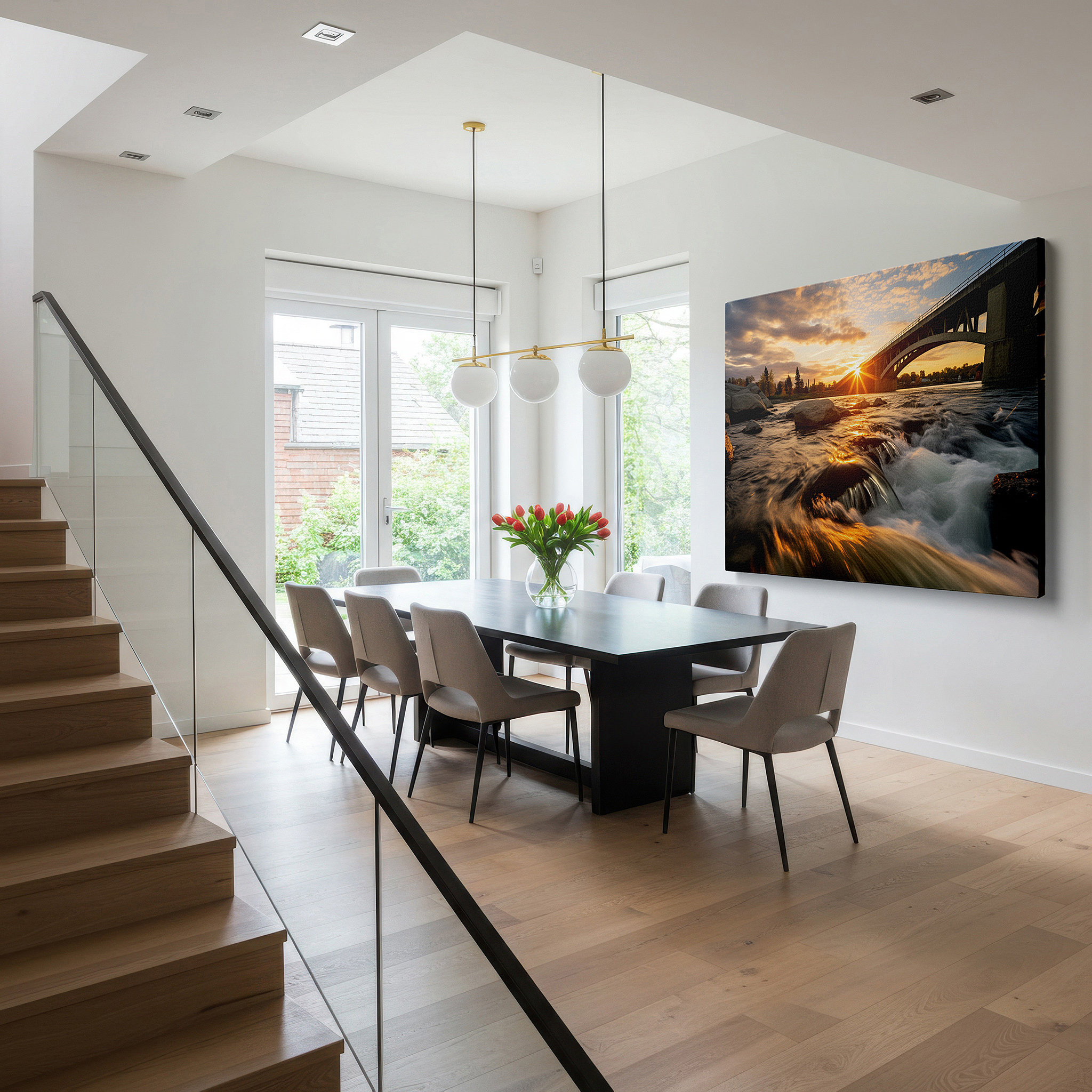 Perfectly sized at 45×30 cm for accenting shelves or narrow walls — wall art: sunset through bridge arches over river - a fusion of nature's beauty and architectural brilliance, large canvas wall art for office decor