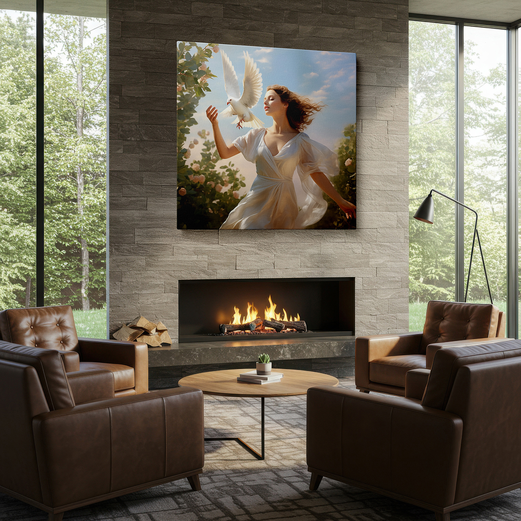 Perfectly sized at 45×30 cm for accenting shelves or narrow walls — wall art: tranquil scene of a woman in a white dress holding a dove, representing peace and freedom - large canvas wall art for home and office decor