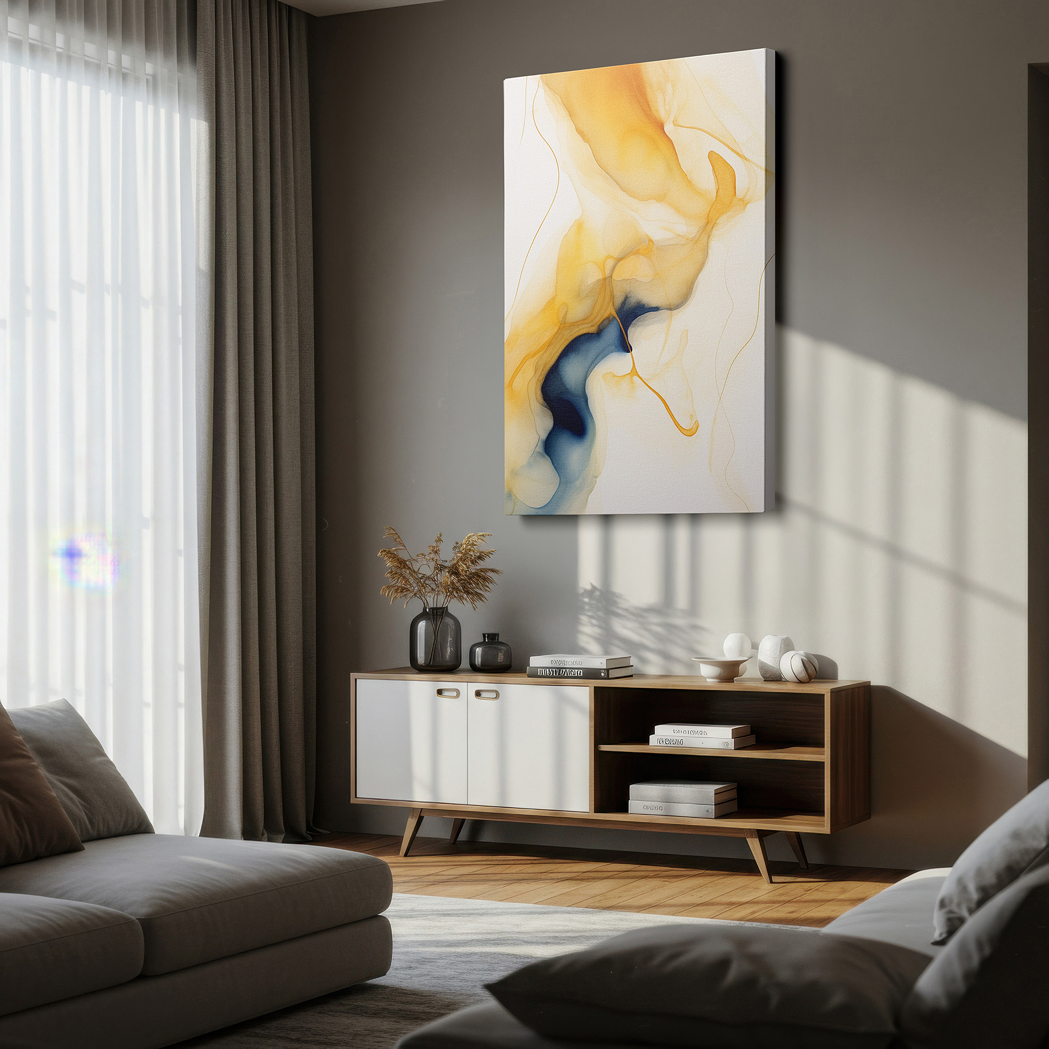 Perfectly sized at 45×30 cm for accenting shelves or narrow walls — warm oranges and tranquil blues blend in fluid abstract large wall art, canvas wall art, wall decor for office