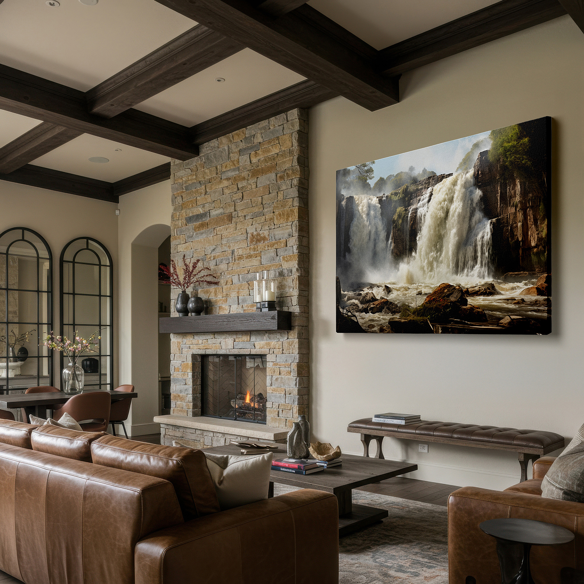 Perfectly sized at 45×30 cm for accenting shelves or narrow walls — waterfall cascade surrounded by verdant foliage, dynamic and peaceful nature landscape, large wall art, canvas wall art, wall decor for office and bedroom
