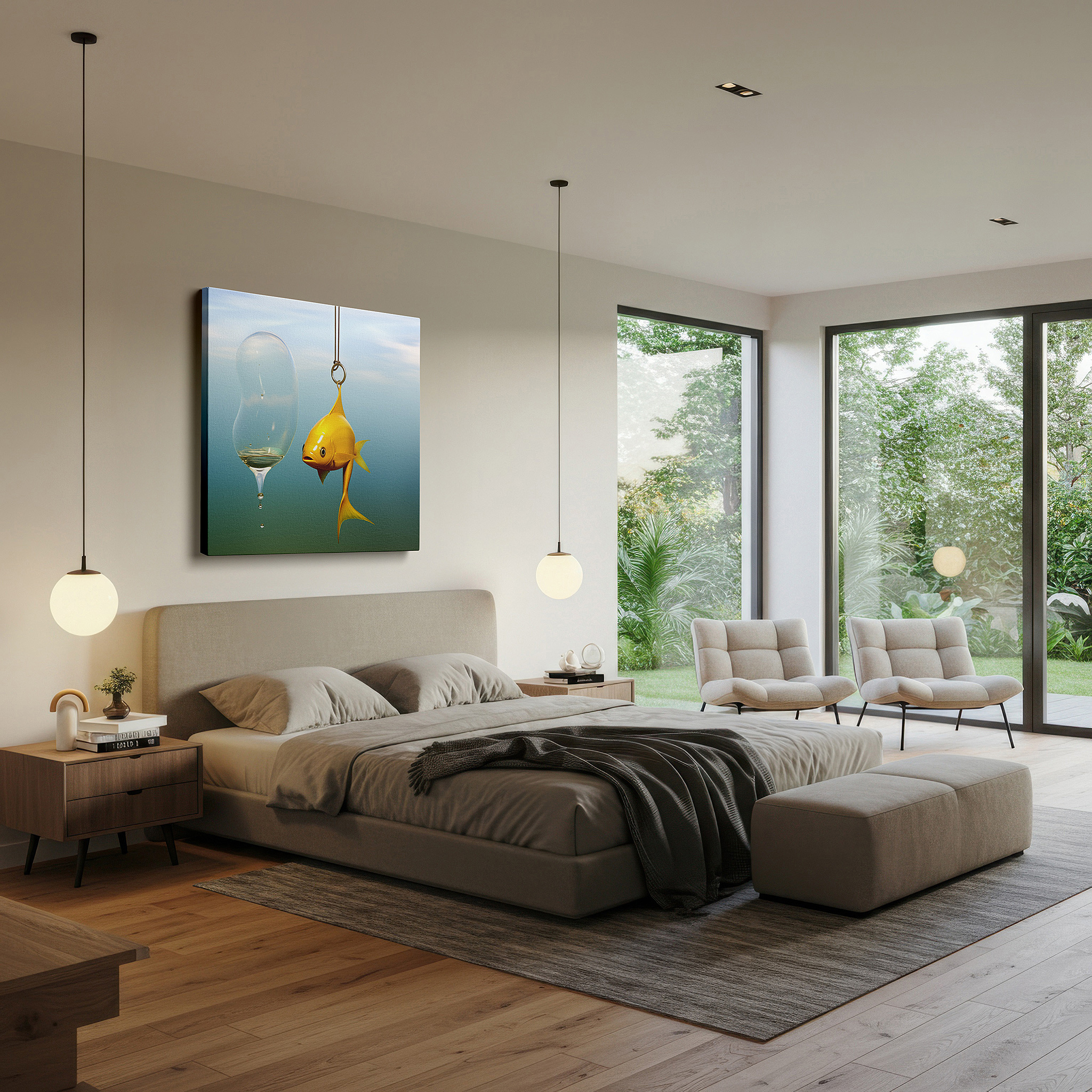 Perfectly sized at 45×30 cm for accenting shelves or narrow walls — whimsical yellow fish and elegant wine glass dance in surreal harmony: large canvas wall art for office and bedroom decor