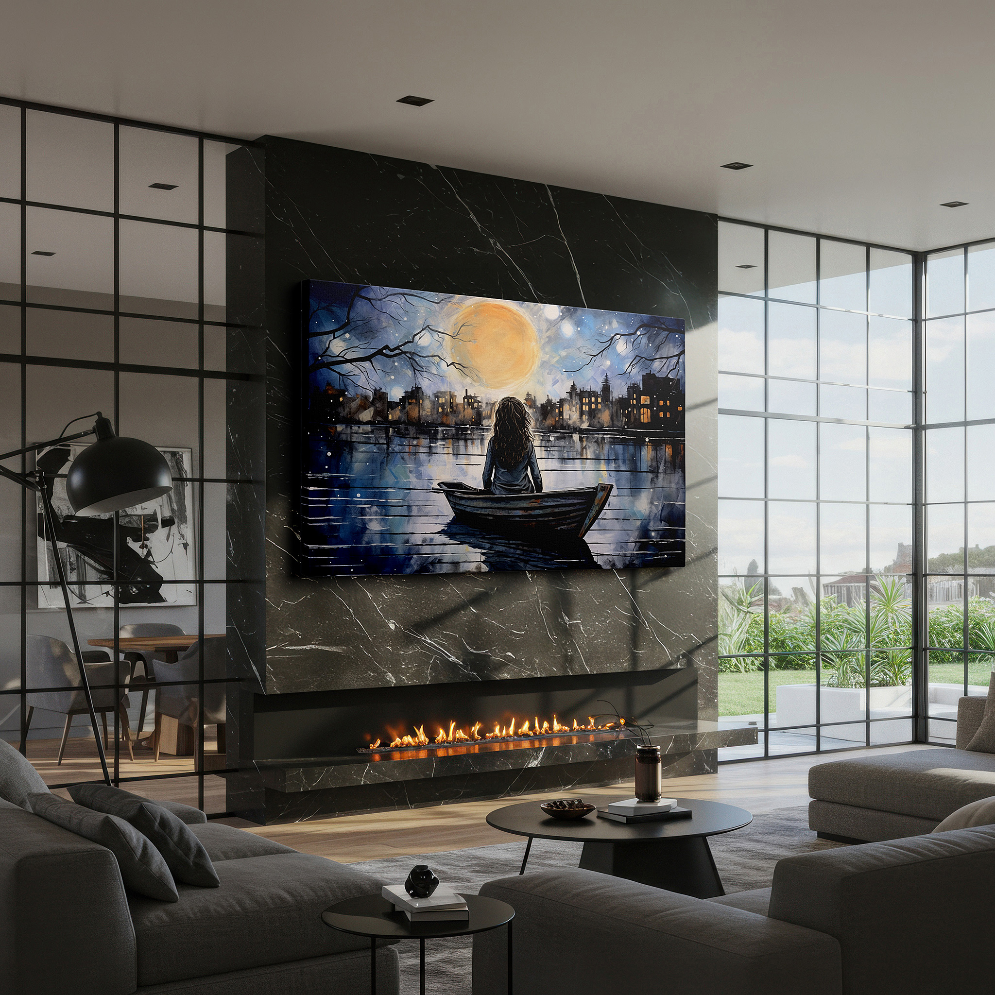 Perfectly sized at 45×30 cm for accenting shelves or narrow walls — young girl in a boat under moonlight, cityscape silhouette night scene, large canvas wall art for home and office decor