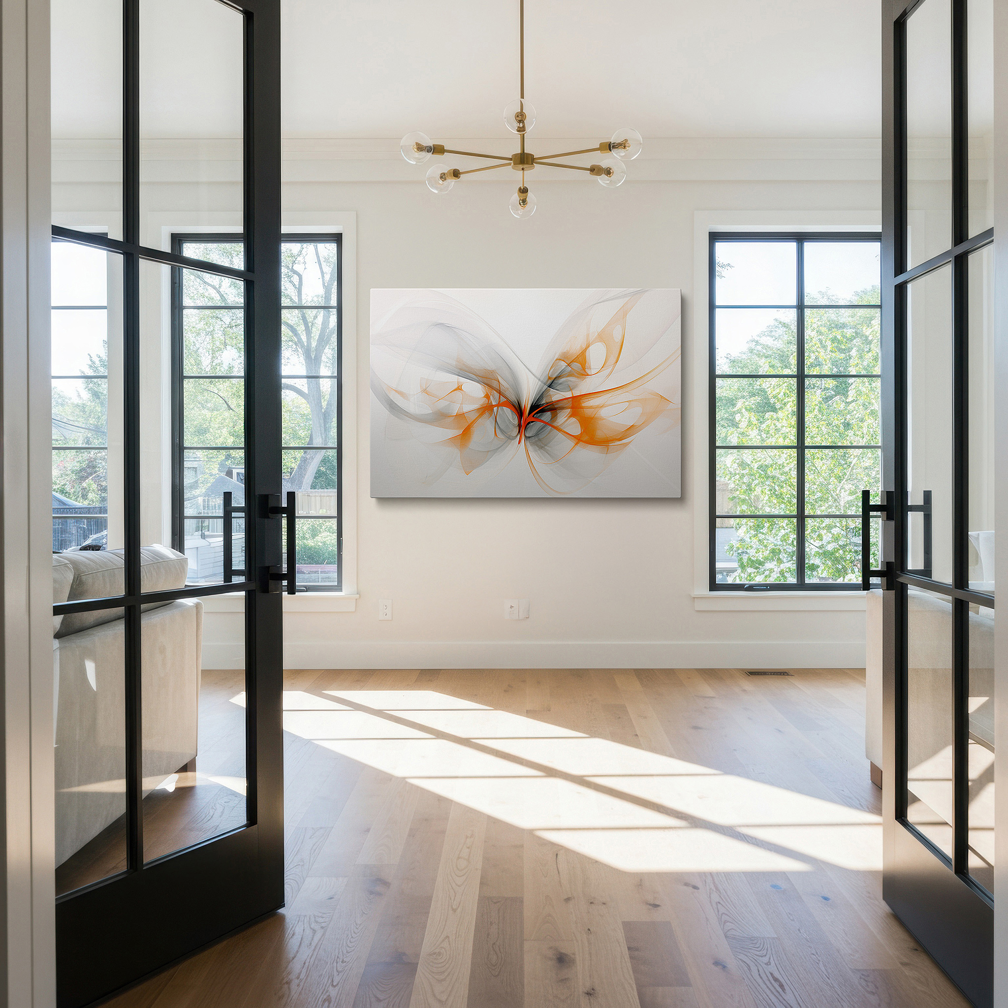 Positioned above a console table between ceramic vases — abstract butterfly art in flowing lines with calming gradients of gray and orange, symbolizing transformation - large canvas wall decor