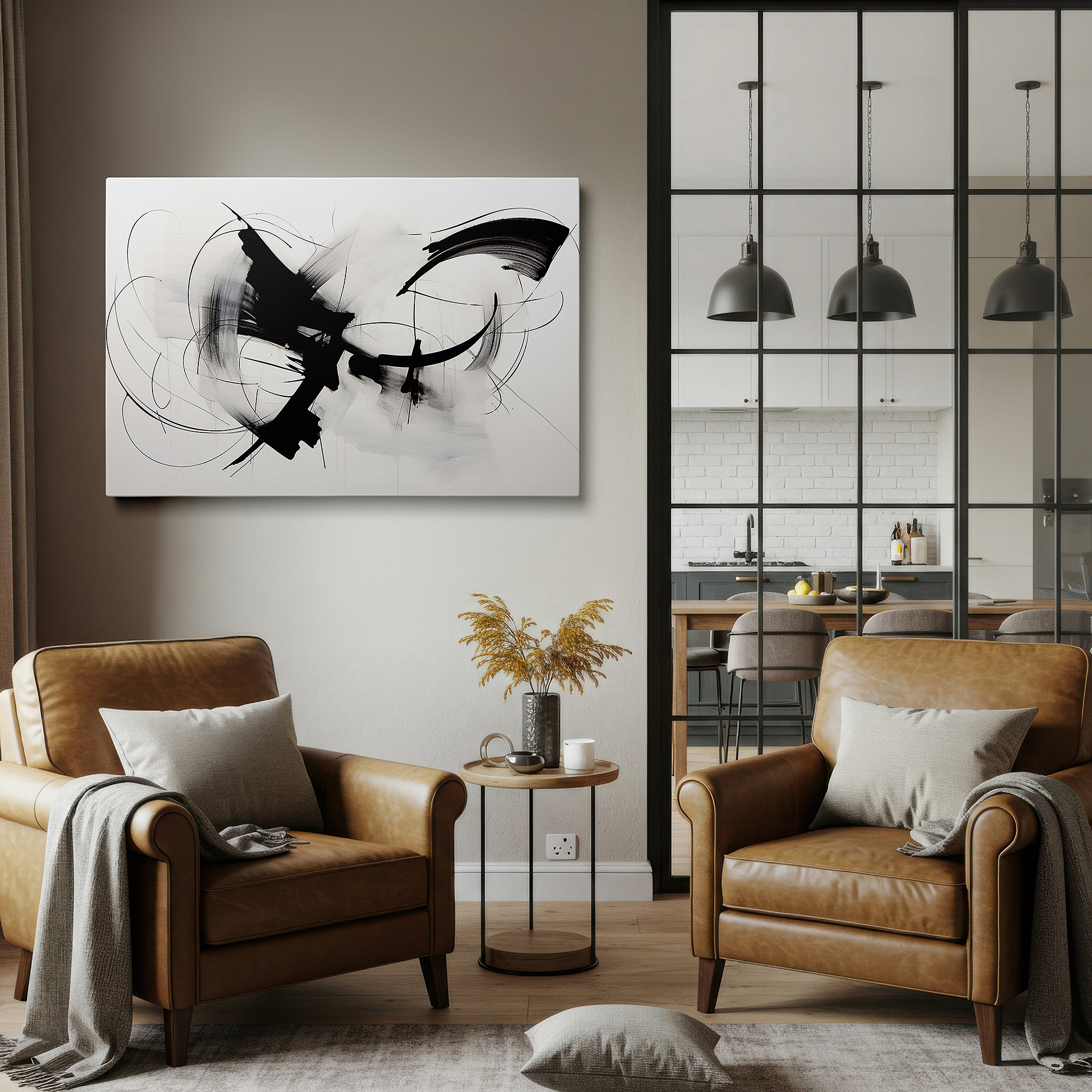 Positioned above a console table between ceramic vases — abstract expressionism masterpiece in black and white dynamic brushstrokes, large canvas wall art for office and bedroom decor