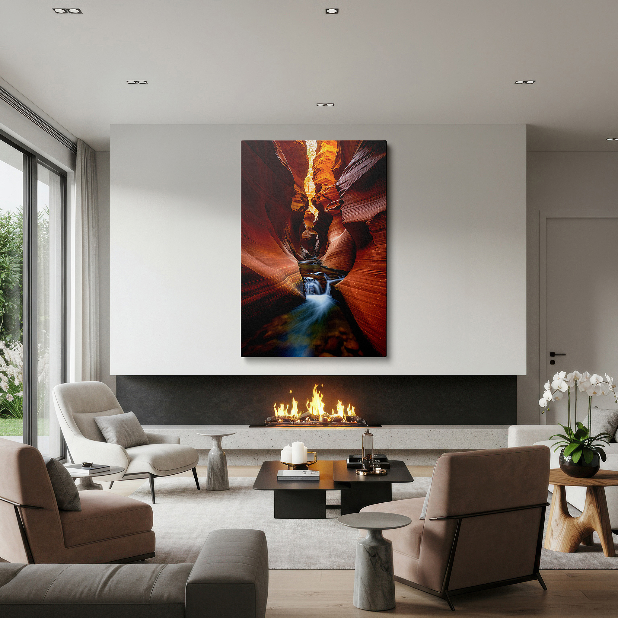 Positioned above a console table between ceramic vases — arizona canyon at sunset: a vibrant celebration of nature's palette - large wall art, canvas wall art, wall decor for office and bedroom