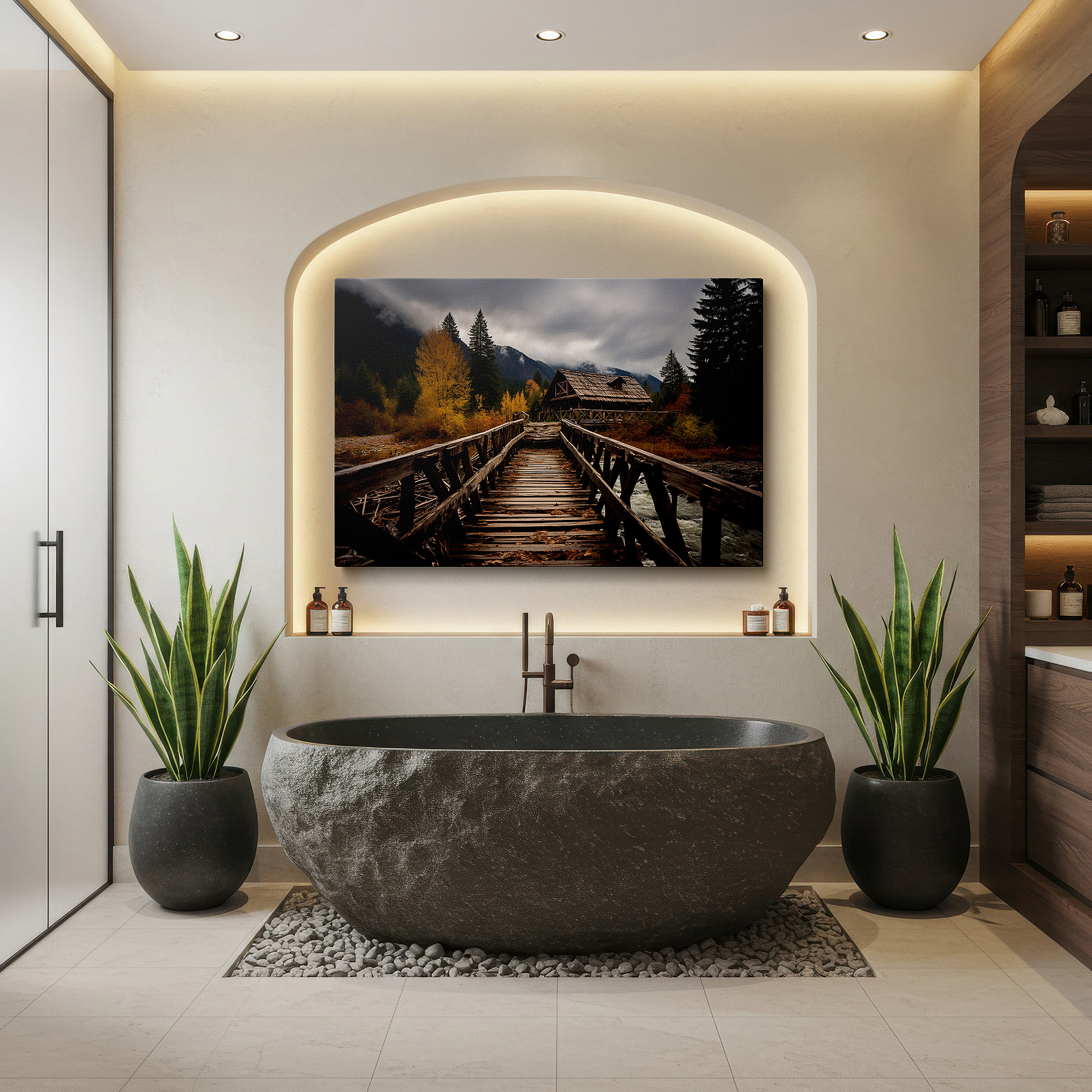 Positioned above a console table between ceramic vases — autumn retreat rustic bridge and cabin canvas print, vibrant foliage and misty mountain peaks wall art, large office decor