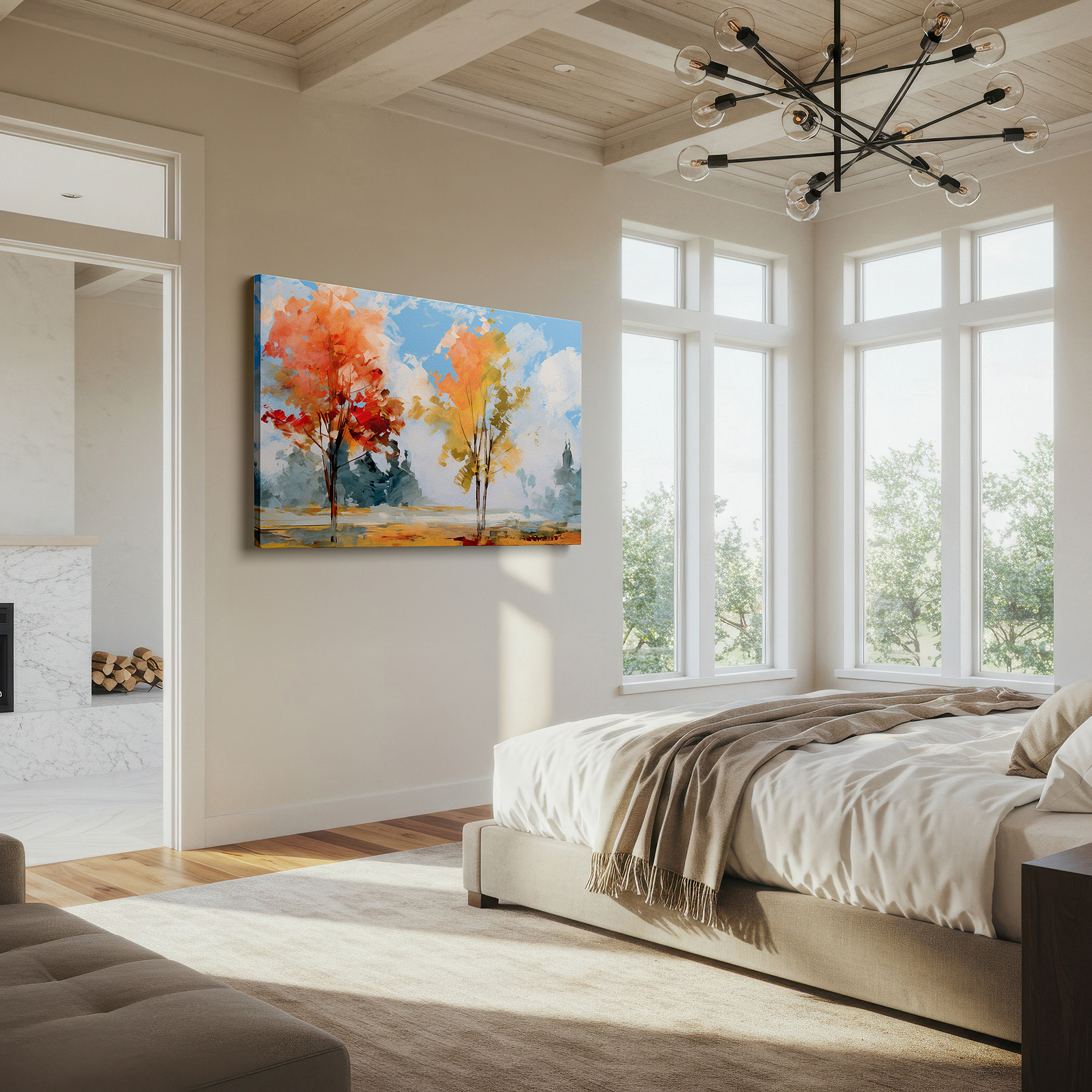 Positioned above a console table between ceramic vases — autumn's dance beneath a brilliant sky - vibrant reds and oranges clash with bold blues large wall art, canvas wall art, wall decor, office wall art