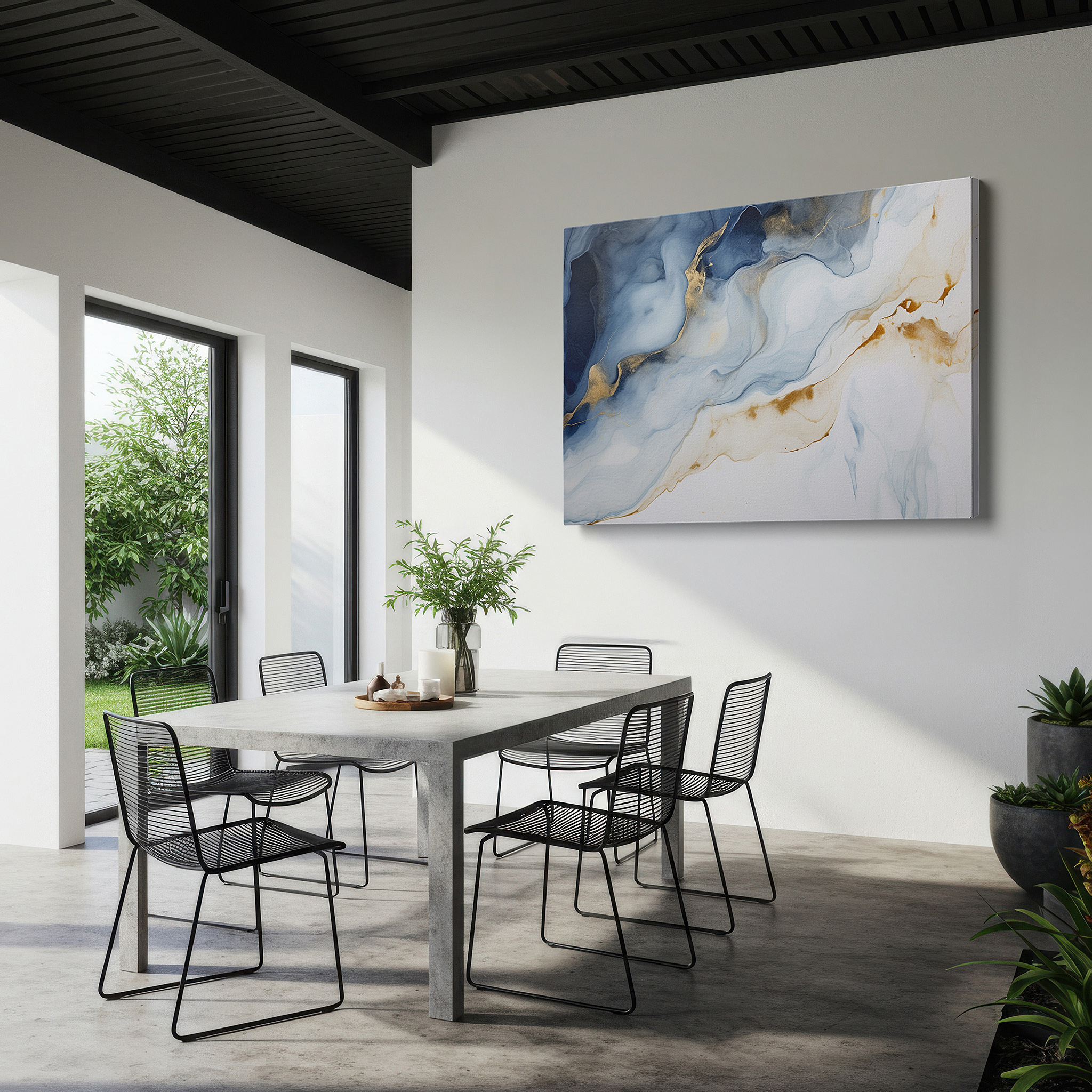 Positioned above a console table between ceramic vases — blue and gold abstract ocean swirls, majestic large centerpiece canvas wall art, ideal for office, living room, and bedroom decor