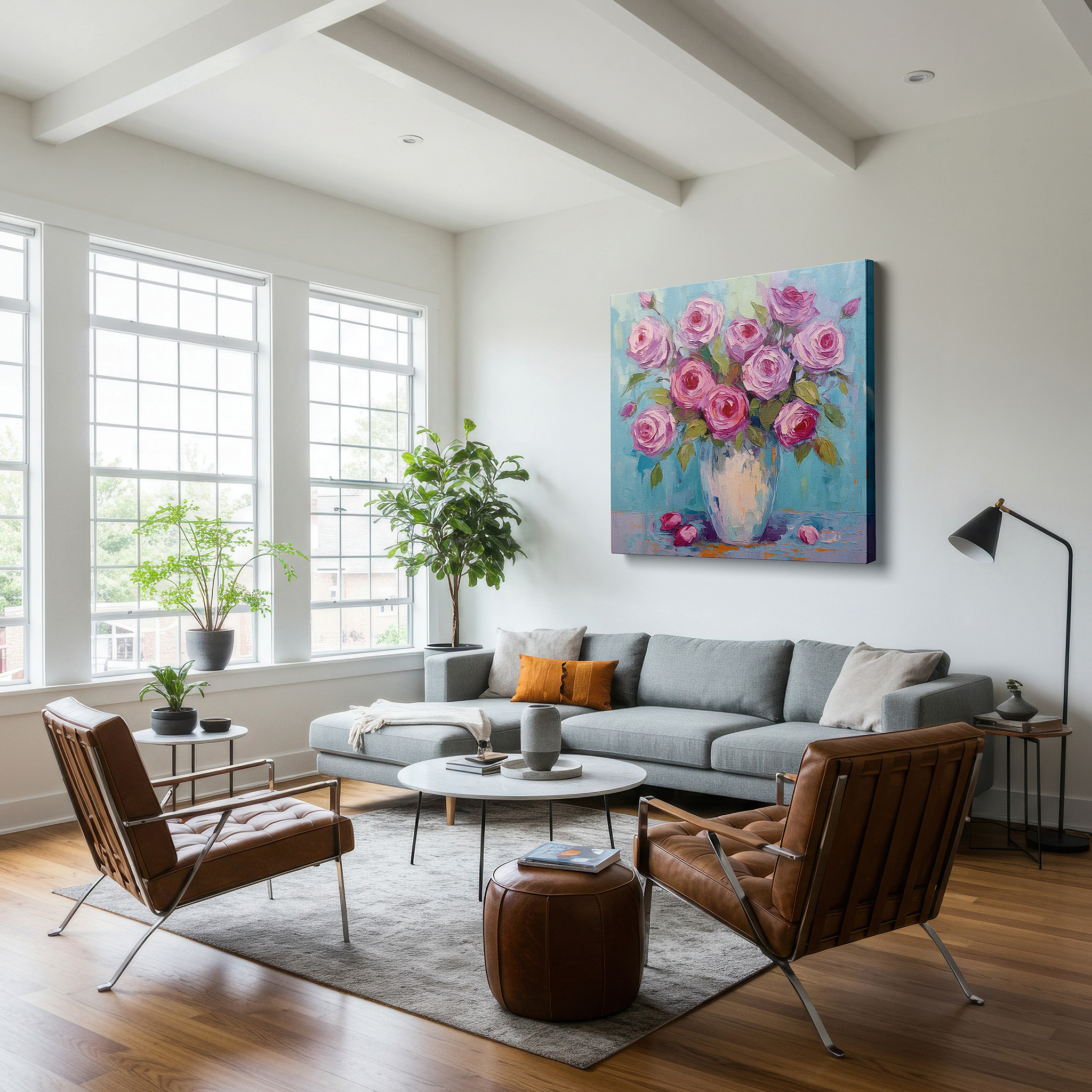 Positioned above a console table between ceramic vases — blush pink roses in serene blue large canvas wall art for office, bedroom, and living room decor
