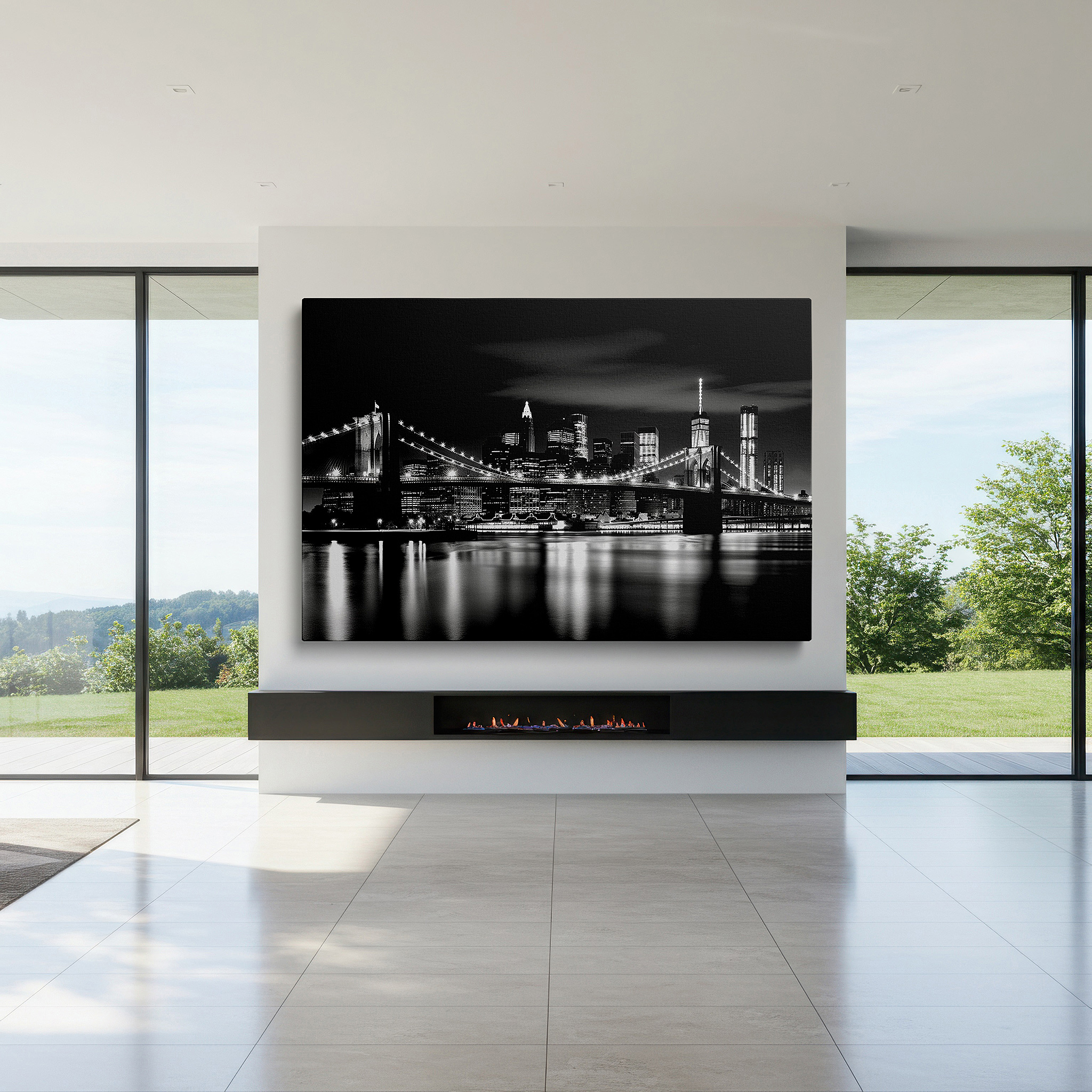 Positioned above a console table between ceramic vases — brooklyn bridge at night: elegant black and white large canvas wall art for office, bedroom, and living room decor