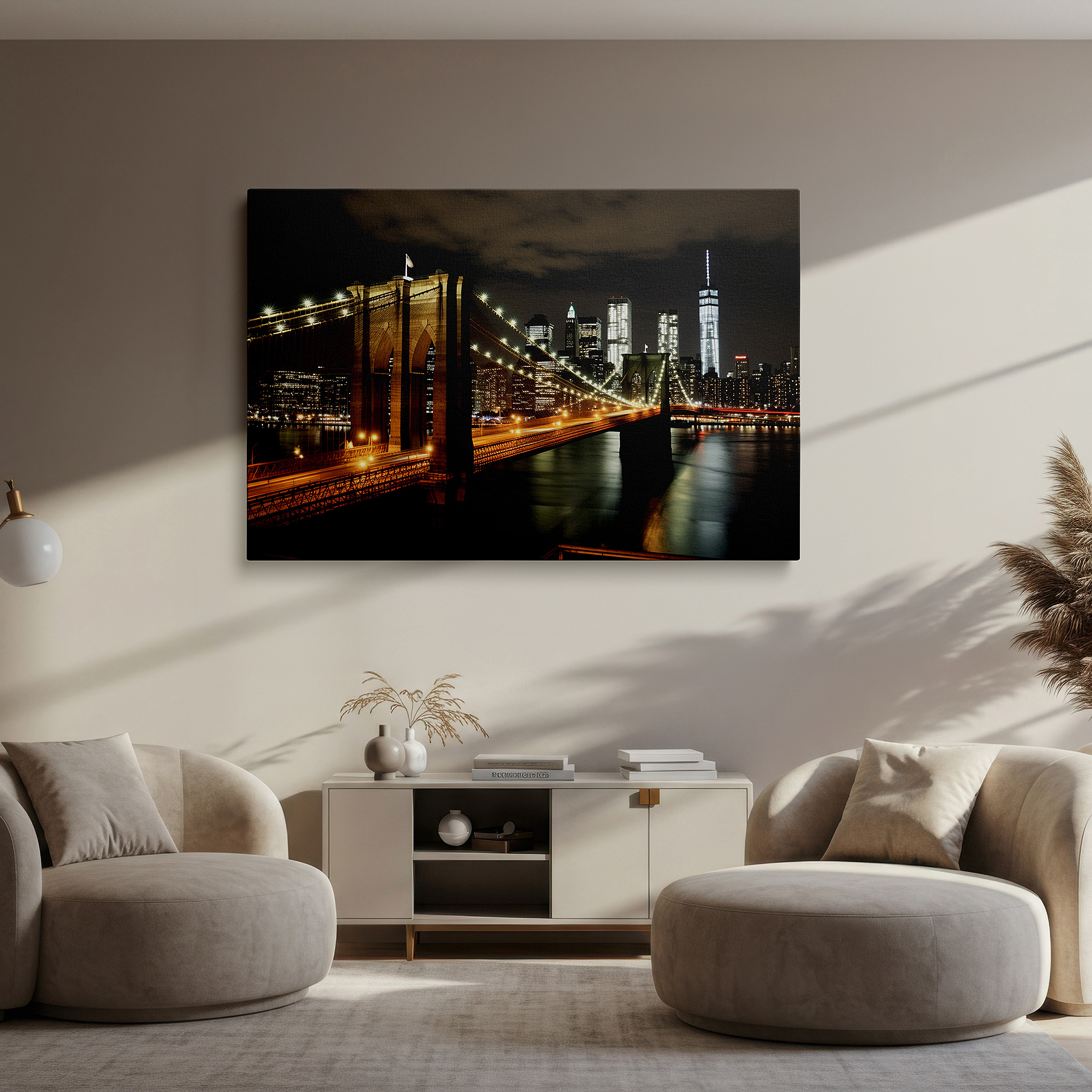 Positioned above a console table between ceramic vases — brooklyn bridge at night: golden lights elegance - large canvas wall art for office, bedroom, and living room decor